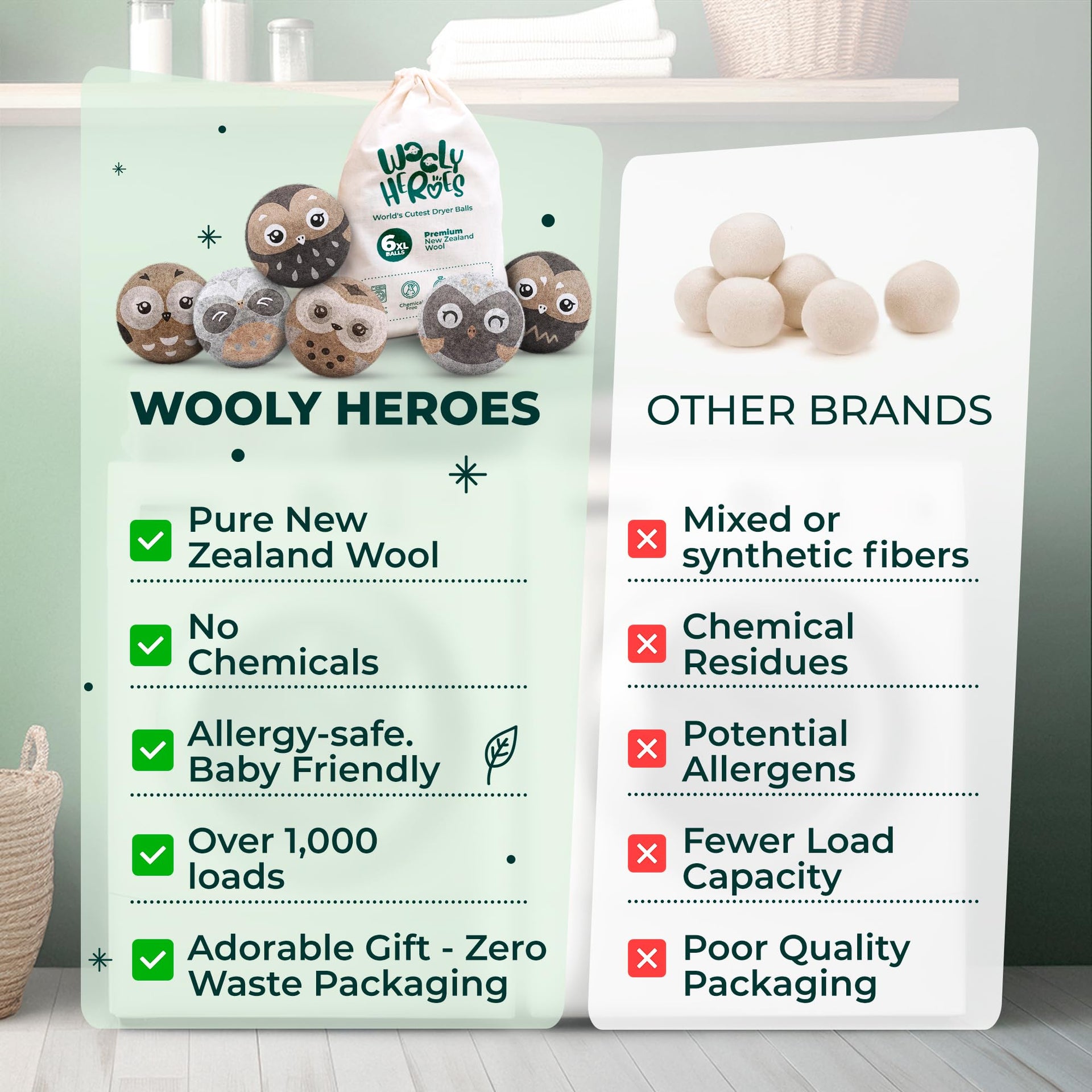 Chemical Free & Baby Safe! Reusable Wool Dryer Balls XL 6 (6 Count)