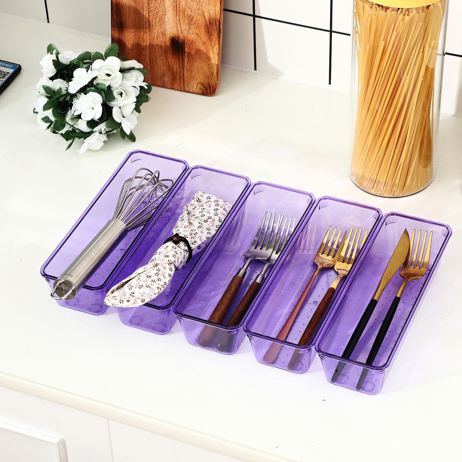 12 Pcs Clear Drawer Organizer 9 x 3 x 2 Inches Plastic Rectangle Trays Makeup Vanity Storage Bins and Kitchen Drawers Dividers for Office Desk Silverware Kitchen Utensils (12 Count)