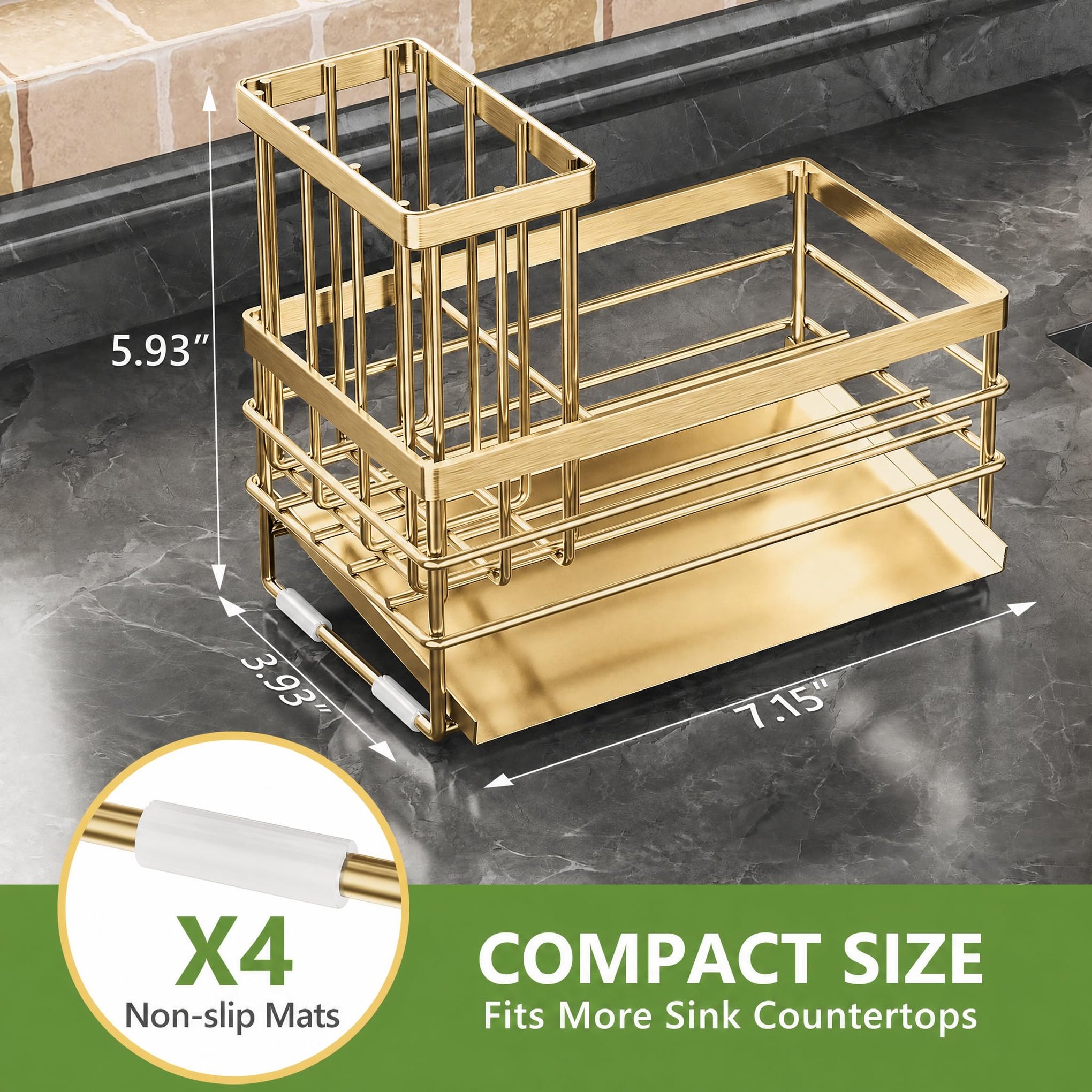 Gold Sink Caddy Sponge Holder for Kitchen with Brush Holder and Stainless Steel Self Drain Tray