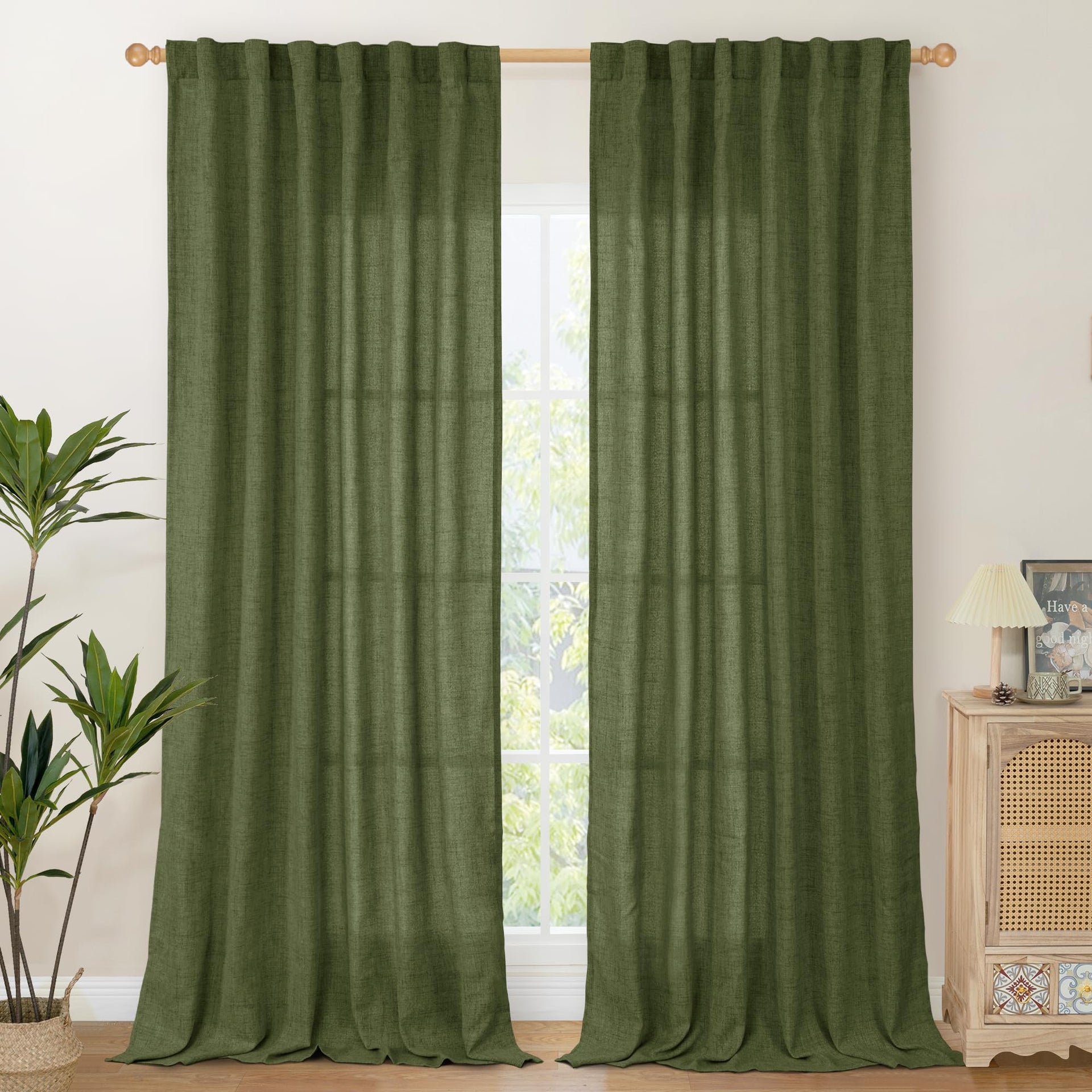 Dark Green Linen Curtains for Living Room 84 Inch Length (2 Count)