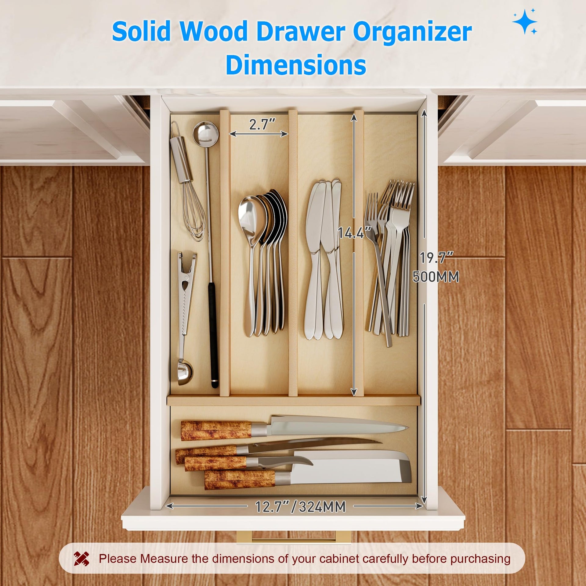 Solid Birch Wood Silverware Drawer Organizer
