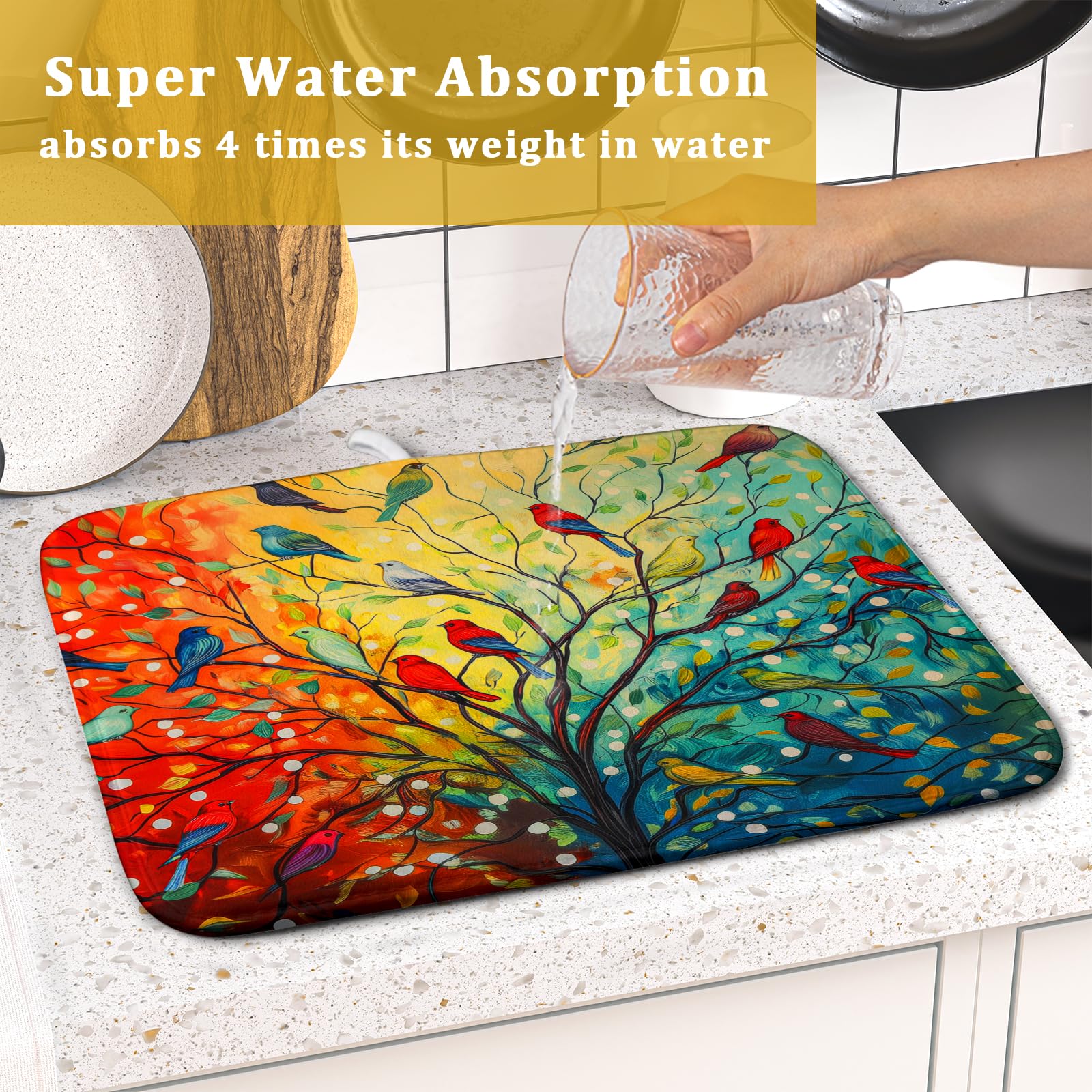 Colorful Spring Summer Tree Bird Dish Drying Mats for Kitchen Counter 16”x18” Absorbent Reversible Microfiber Spring Floral Dish Drying Pad Seasonal Flowers Mat Dish Draining Mat for Countertop Decor