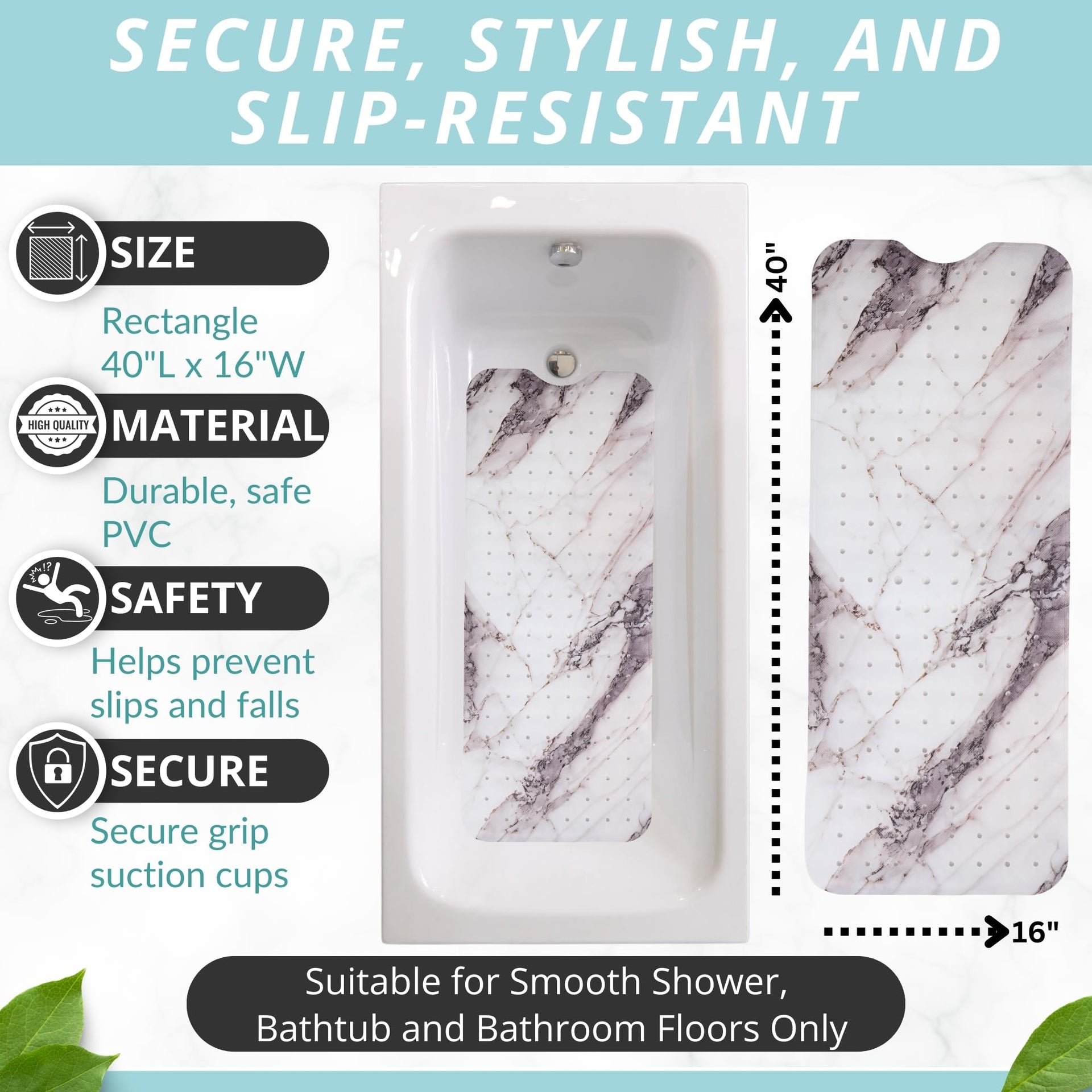 Non Slip Bath & Shower Mat 40x16 Extra Long