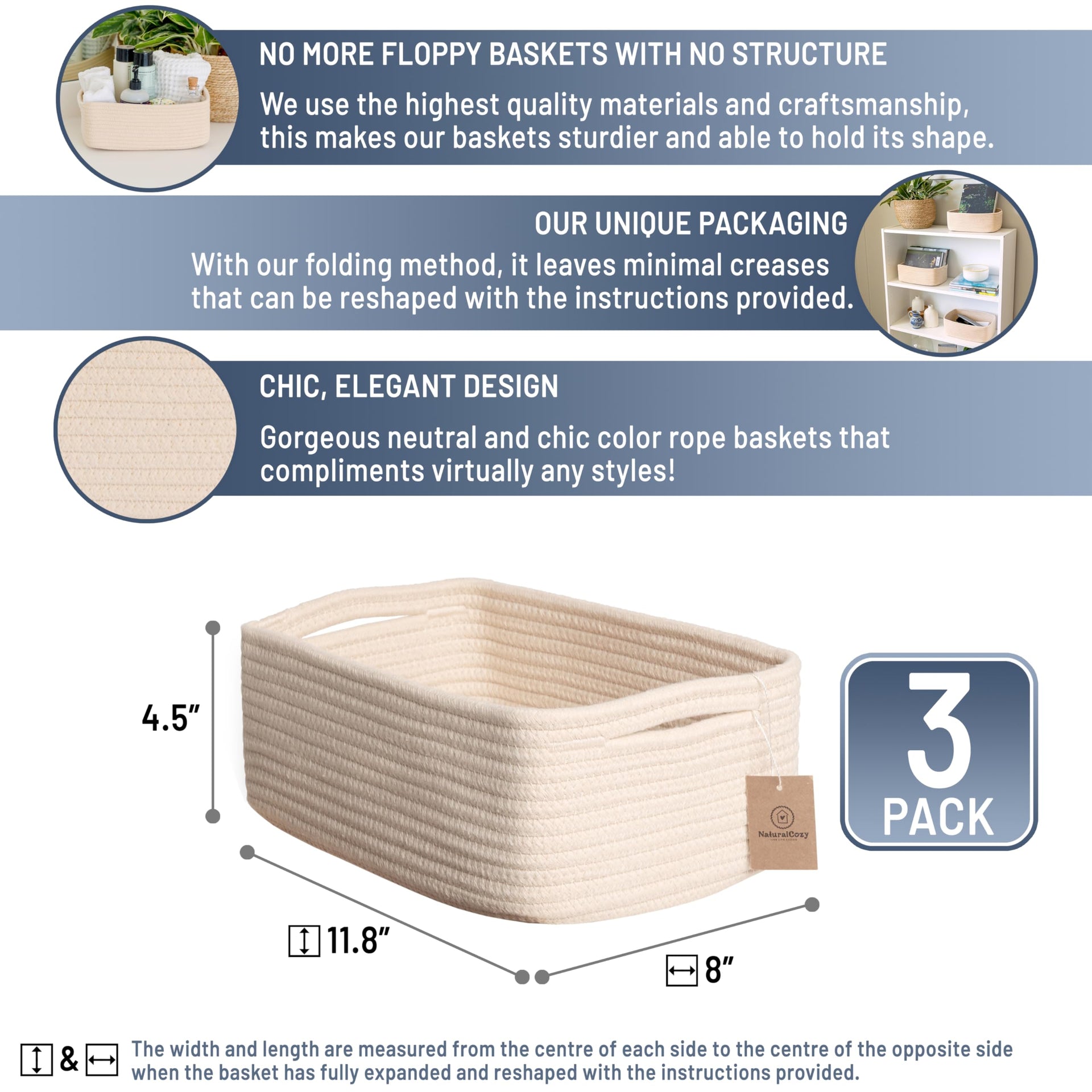 11.8"x8"x4.5” Storage Baskets for Shelves 3 Pack (3 Count)