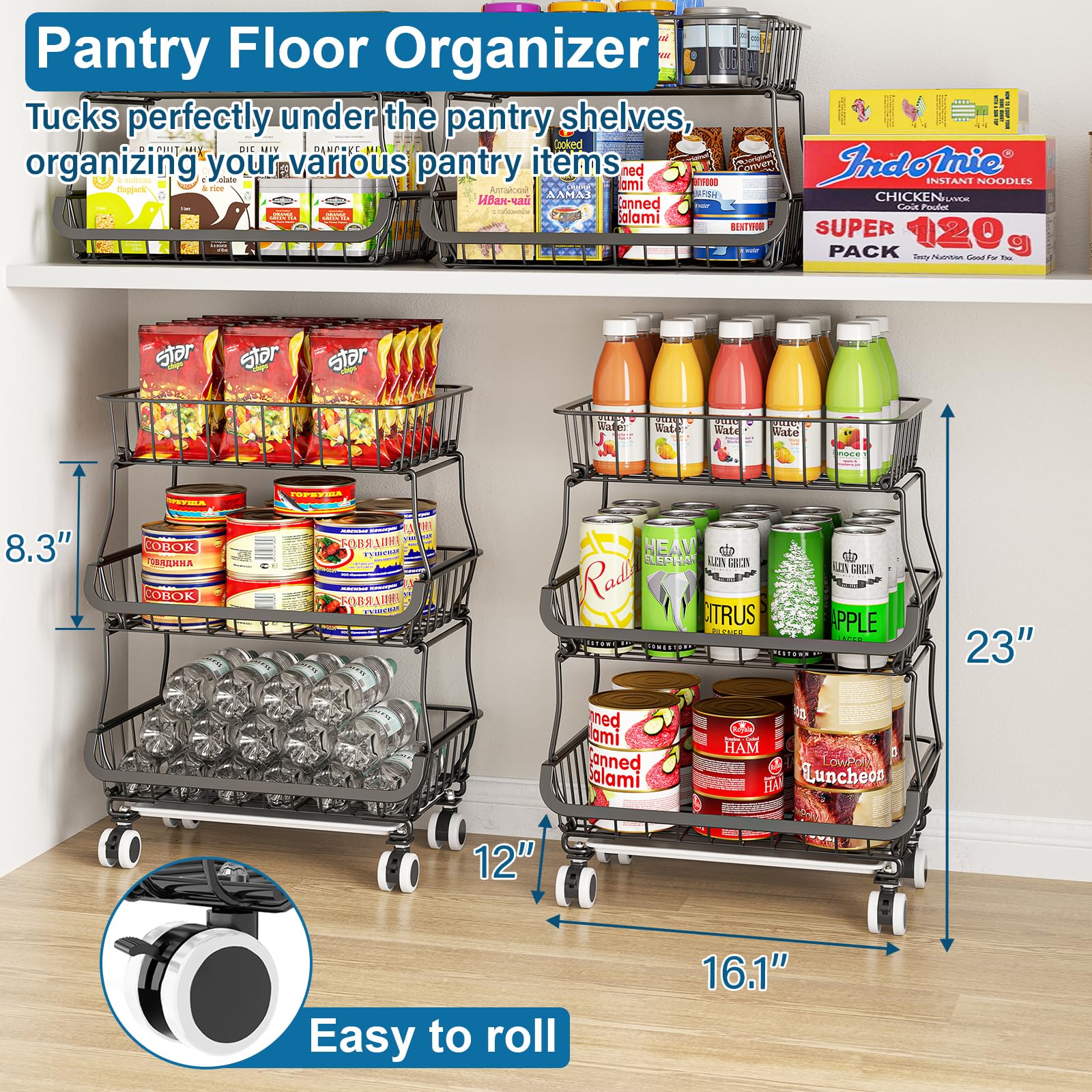 3 Tier Rolling Pantry Floor Organizers and Storage Cart with Wheels (3 Count)
