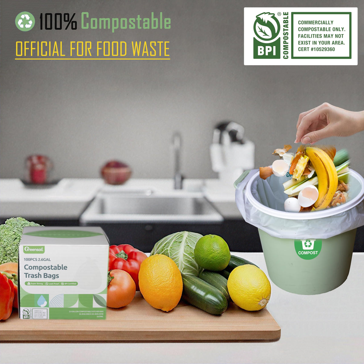 100% Compostable Waste Bags 2.6 Gallon (100 Count)
