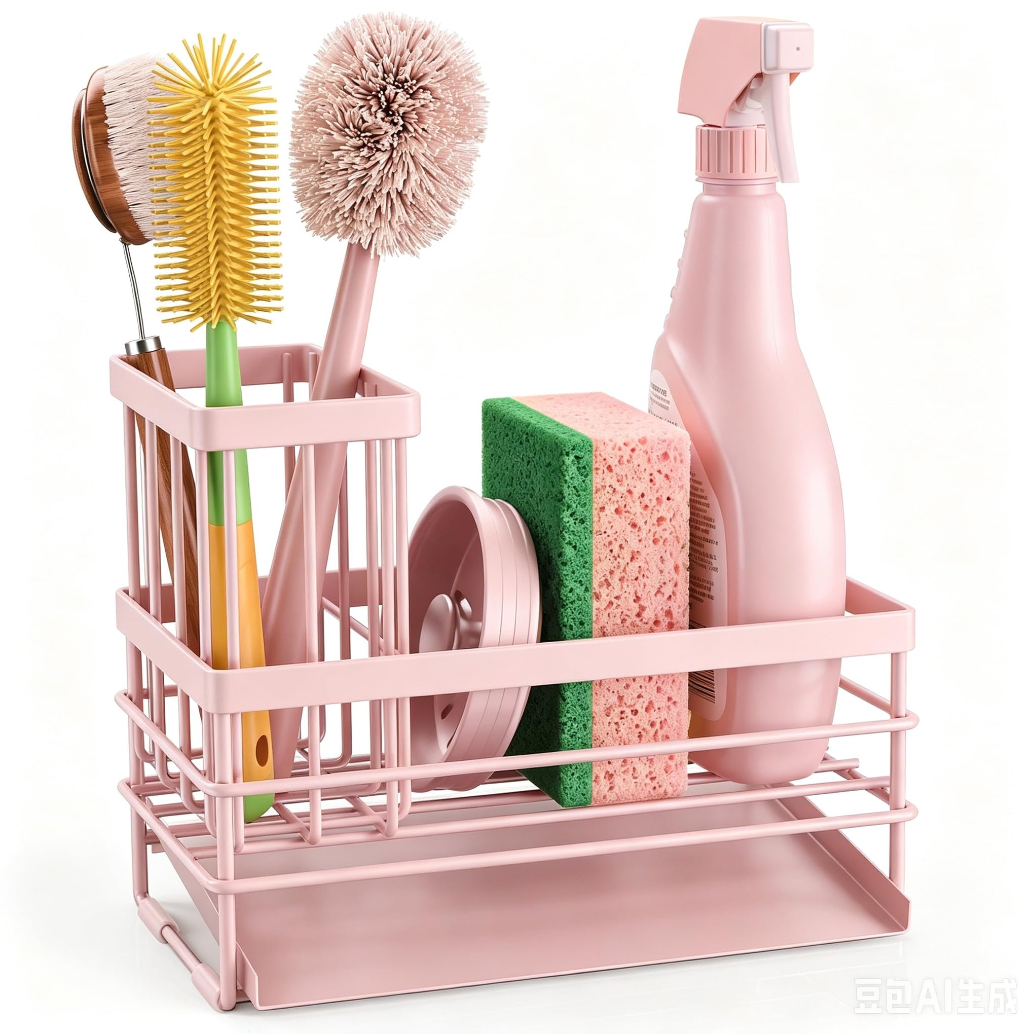 Pink Sink Caddy Sponge Holder for Kitchen with Brush Holder and Stainless Steel Self Drain Tray