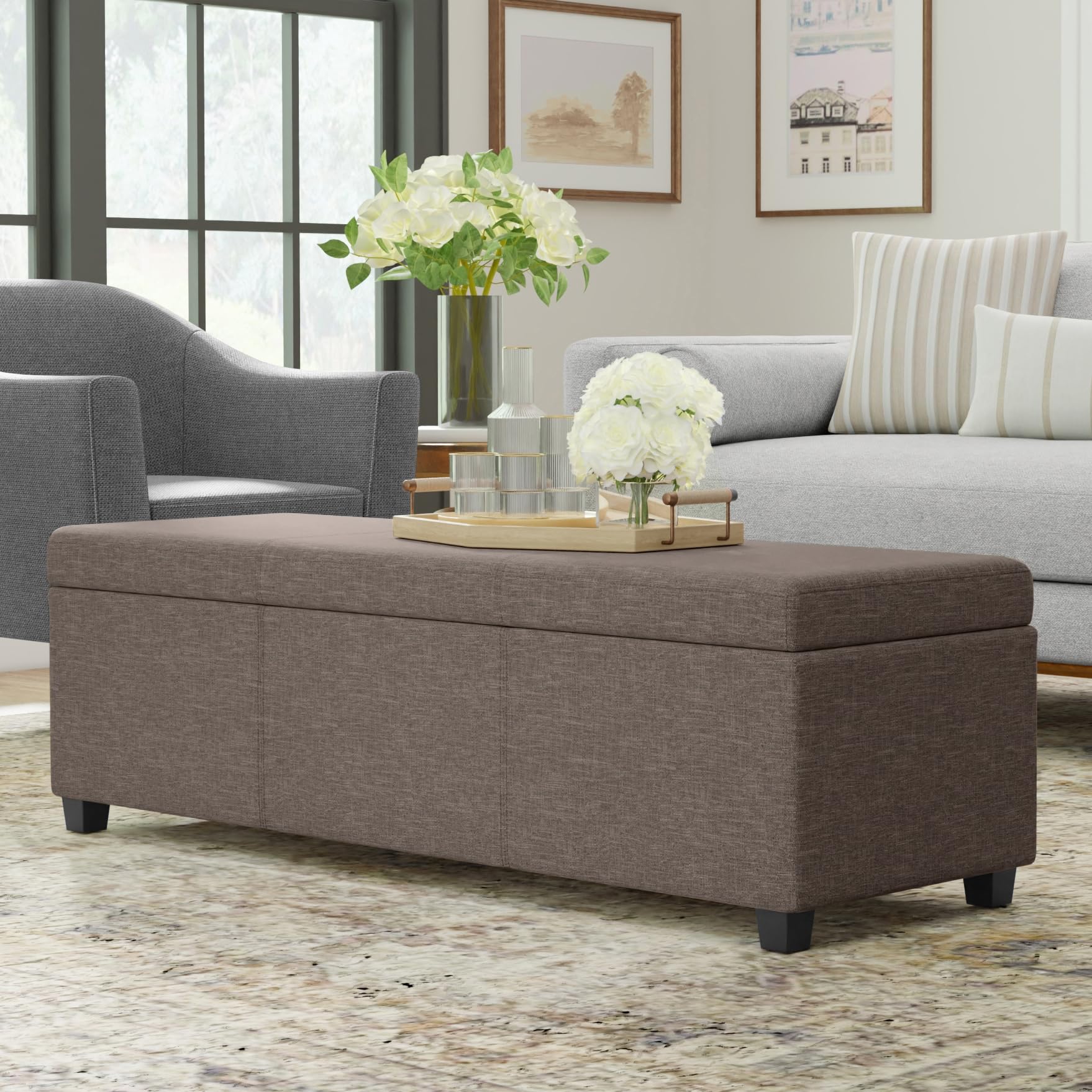 Avalon 54" Wide Linen Look Fabric Storage Ottoman in Fawn Brown