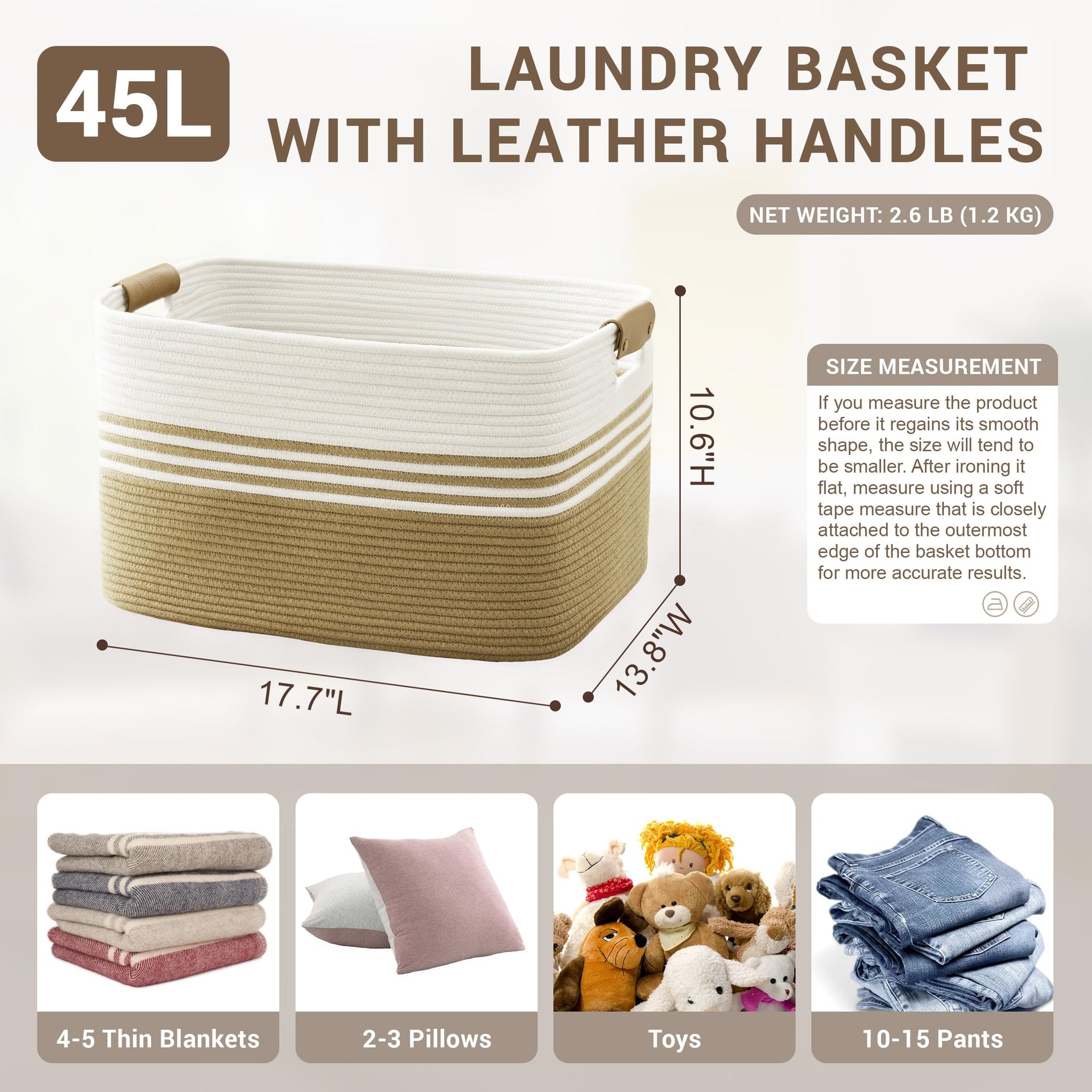 45L Small Woven Laundry Basket Hamper with Leather Handles - ModHome Supplies