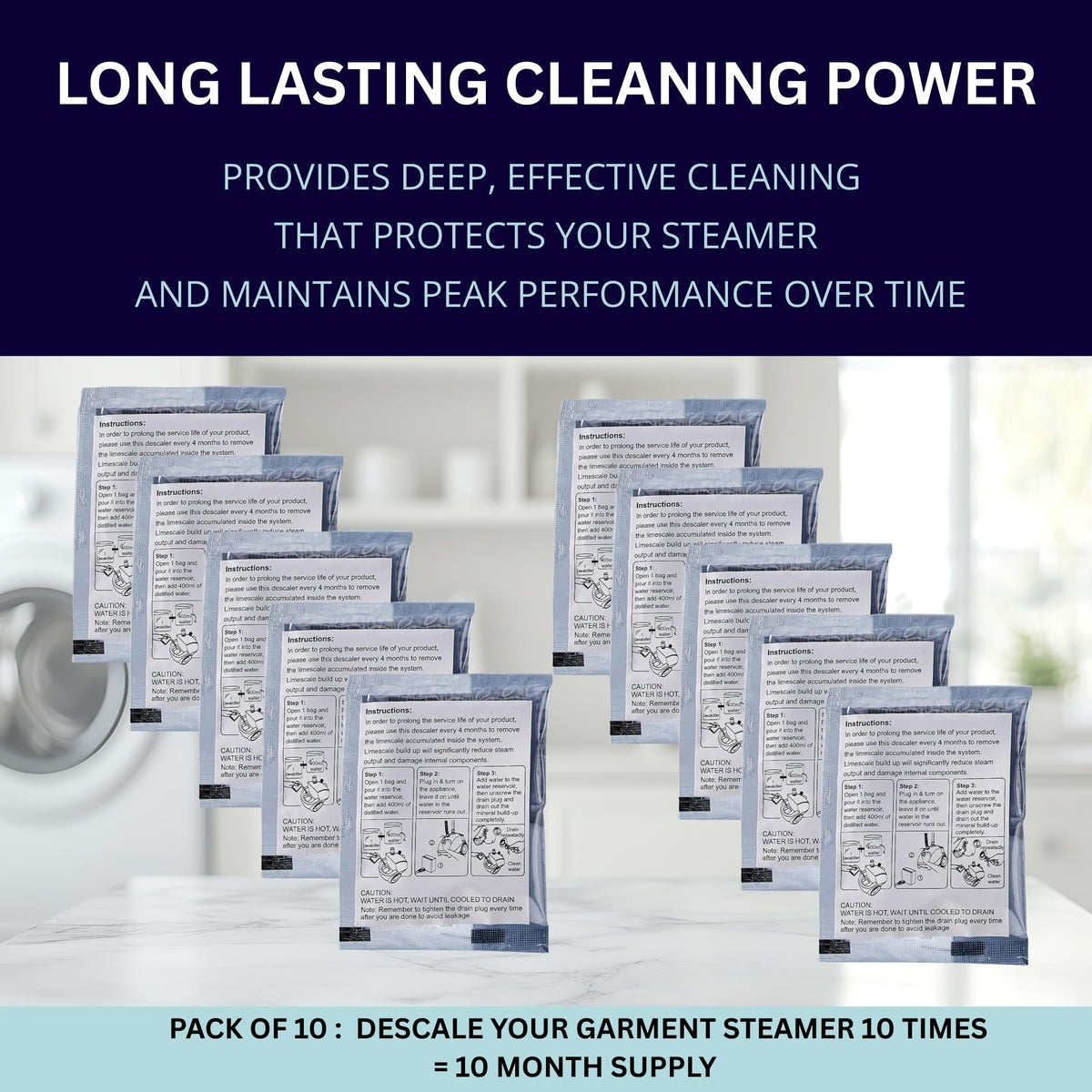 Garment Steamer Descaling Solution Decalcifier Packets for Mineral Deposits and Build (10 Count)