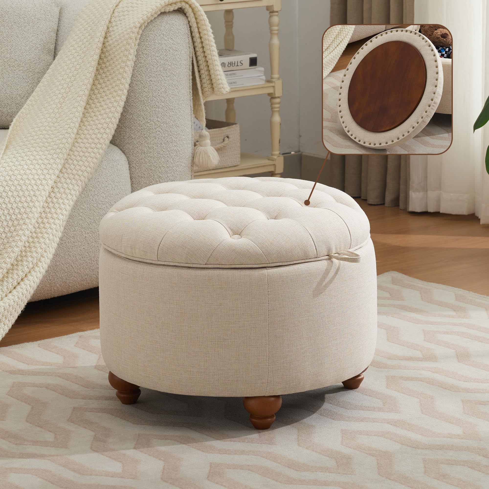 24Inch Round Storage Ottoman with Tray