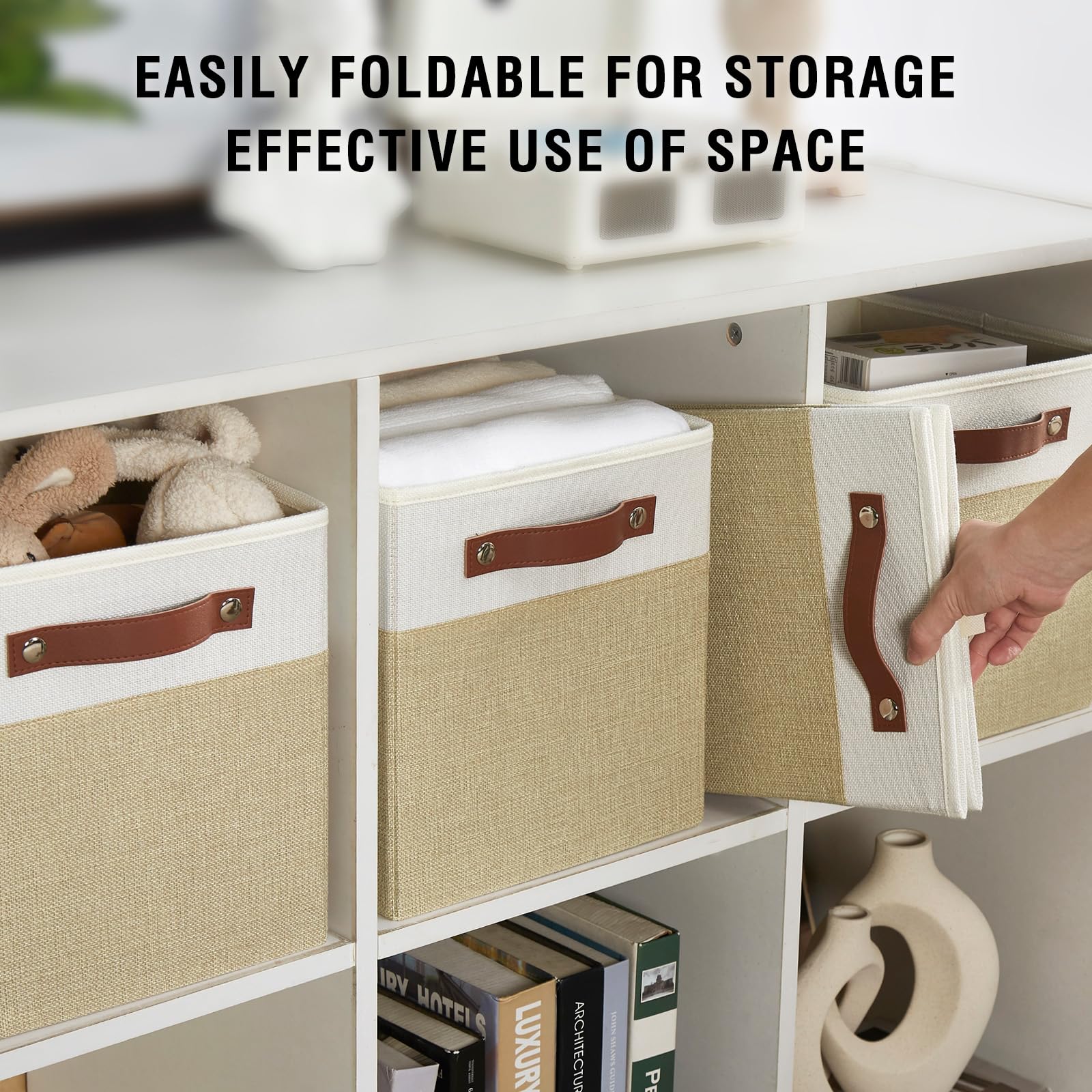 Collapsible Fabric Storage Cube Bins with 2 Reinforced PU Handles (4 Count)