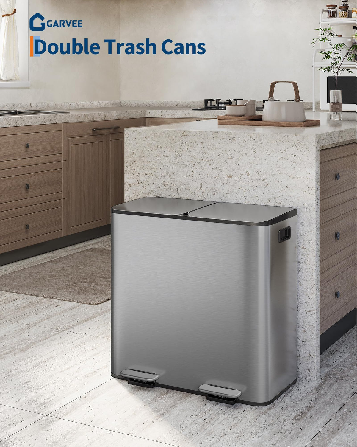 2 x 10.6 gal Stainless Steel Double Trash Can with Lid for Kitchen