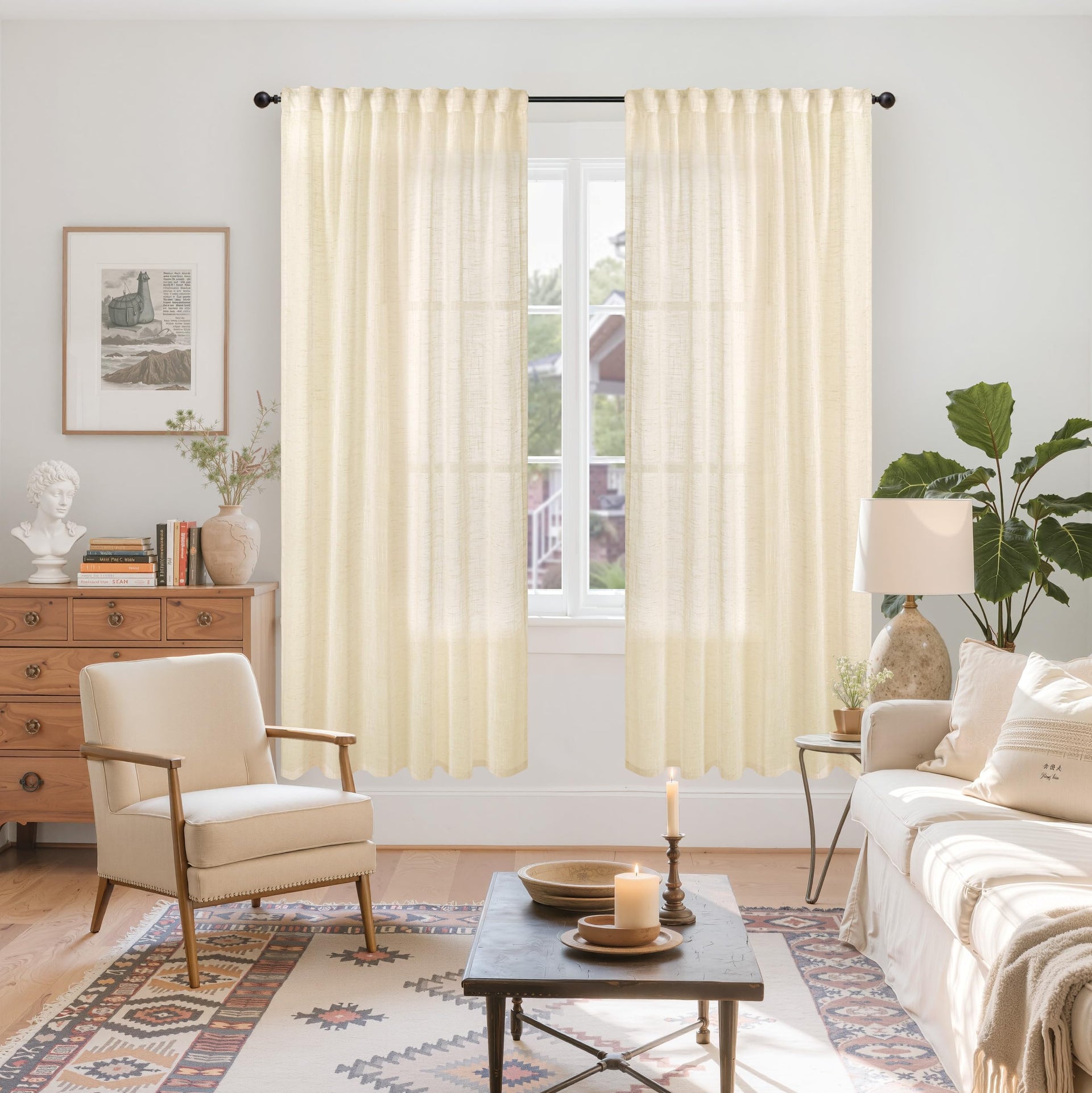 Linen Semi Sheer Curtains 72 Inch Length Cream Beige Drapes (2 Count)