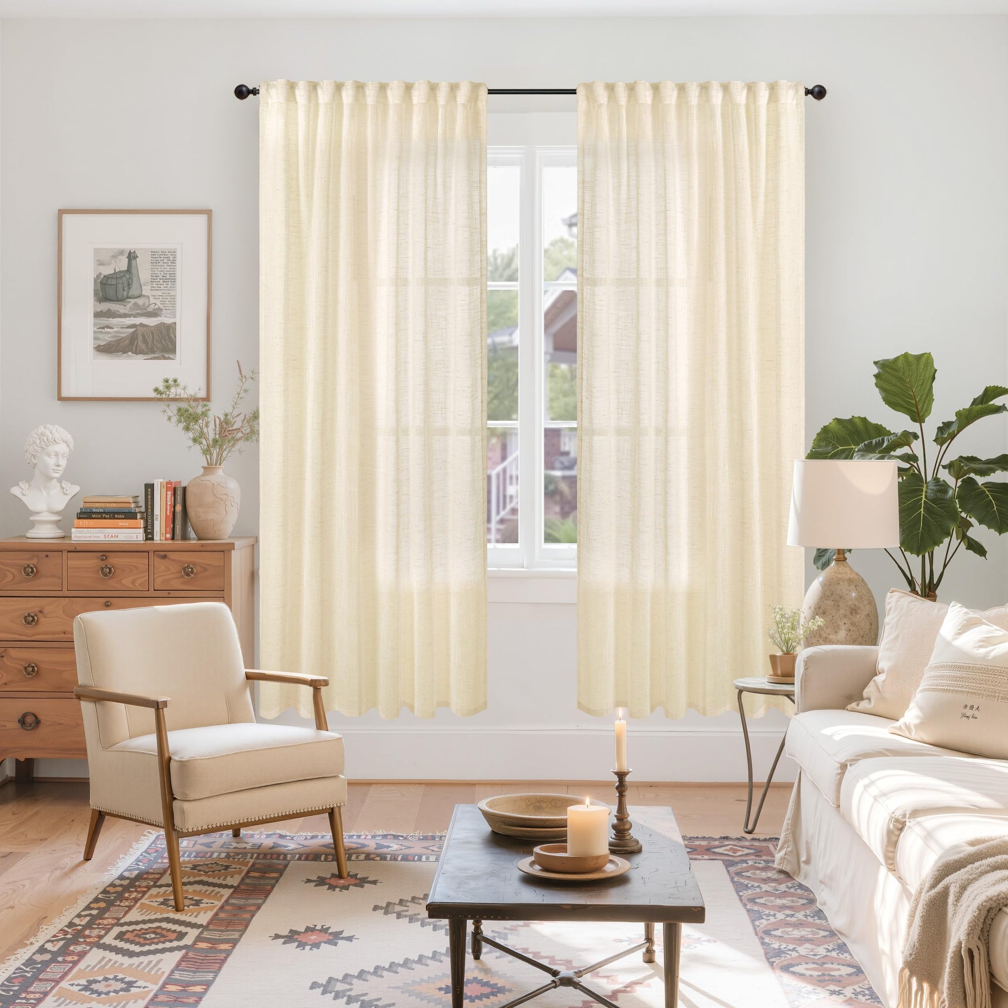 Linen Semi Sheer Curtains 72 Inch Length Cream Beige Drapes (2 Count)