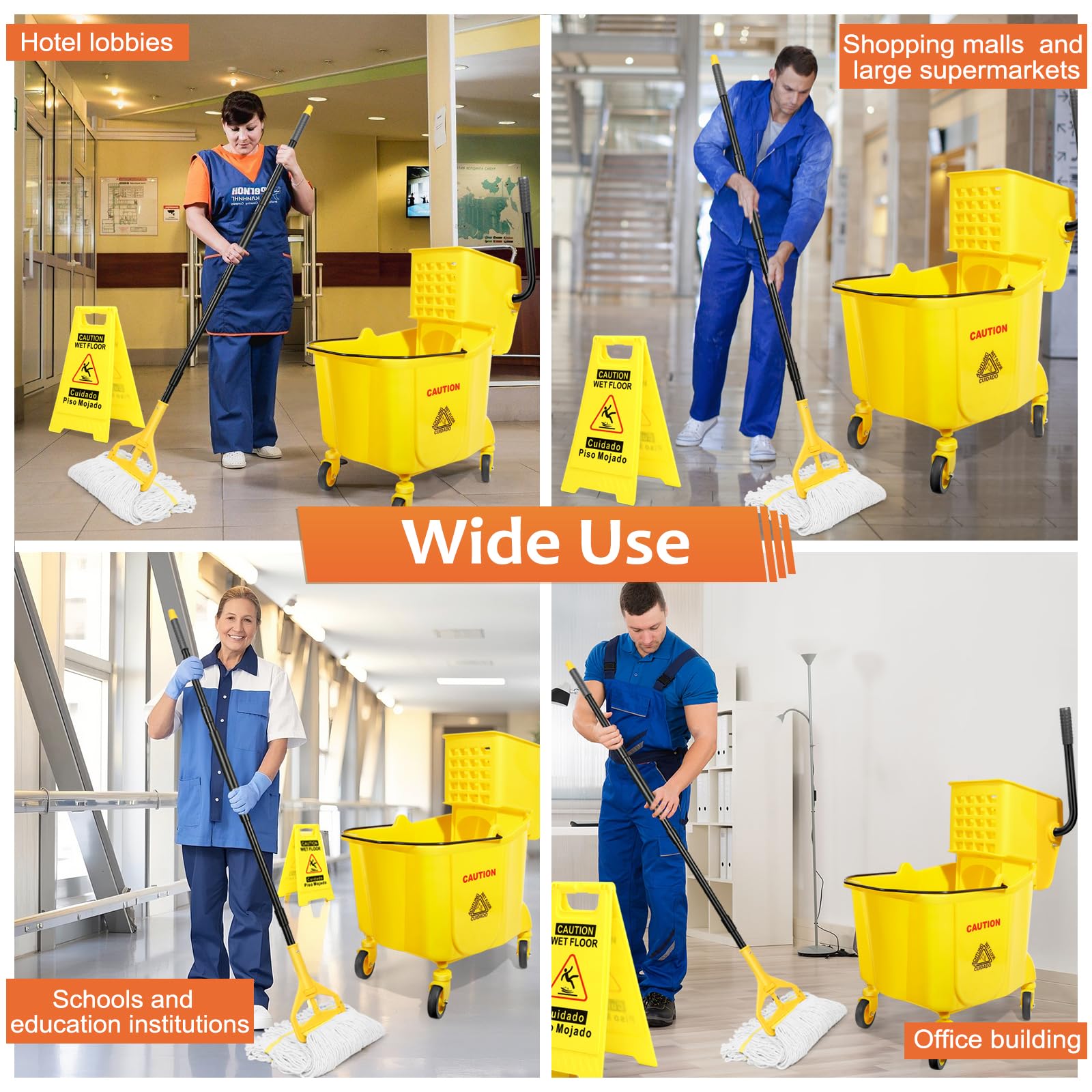 38 Qt Commercial Mop Bucket with Side Press Wringer on Wheels and Mops Set for Floor Cleaning