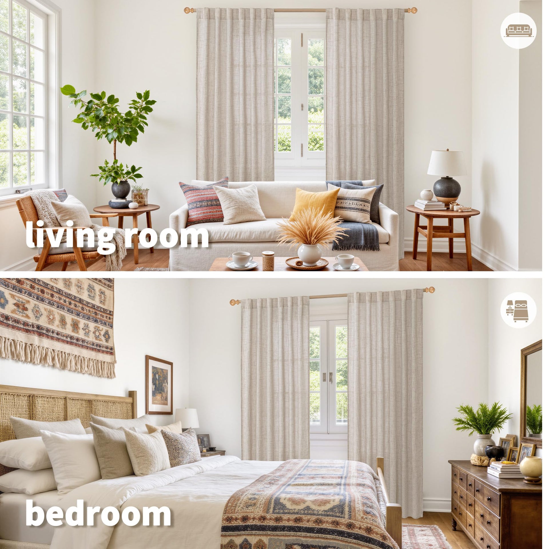 Natural Linen Curtains 80 Inch Length Light Filtering Drapes (2 Count)