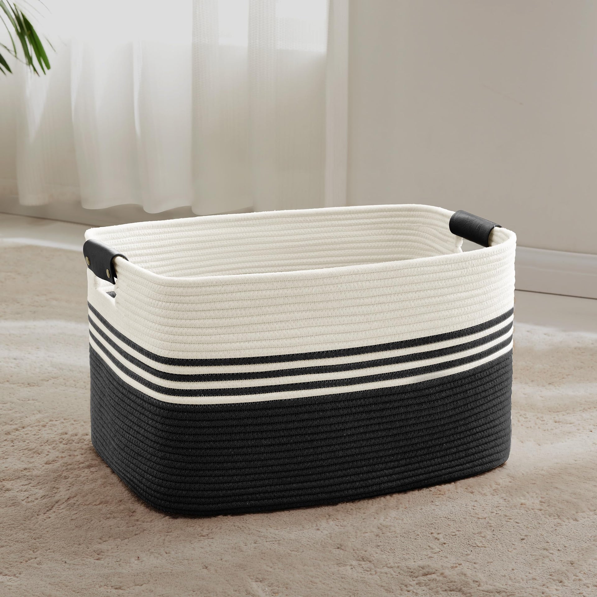 60L Woven Laundry Basket Hamper with Leather Handles - ModHome Supplies
