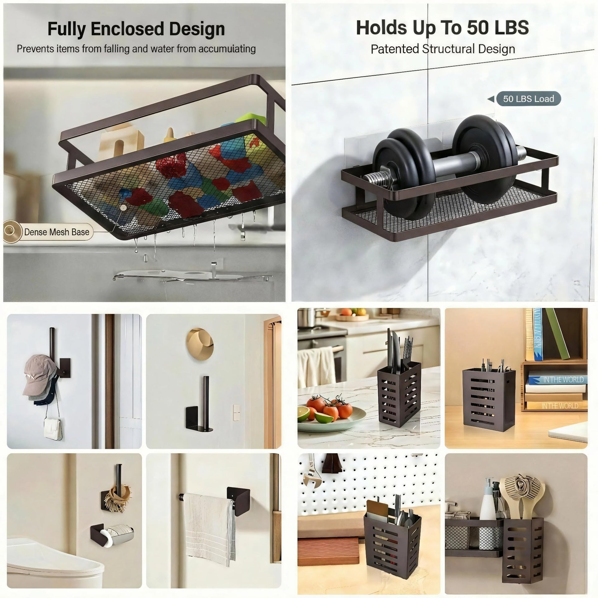 5-in-1 Shower Caddy & Kitchen Organizer Set, Wall Mount Wide Spice Rack with Paper Towel Holder, Utensil Holder, Soap Dish, Rustproof Mesh Baskets Hold 50LBS - Vintage Bronze, Guardrail