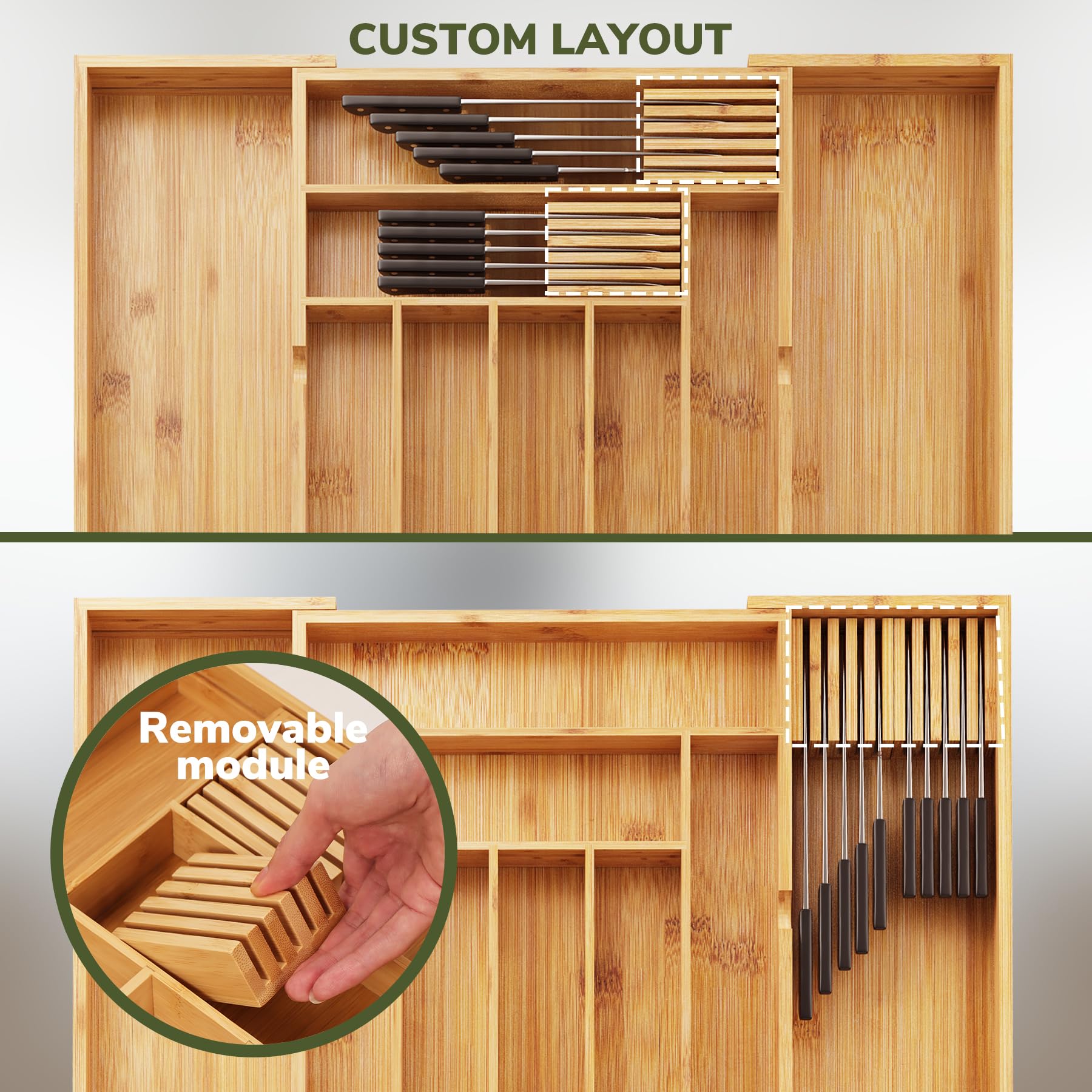 Bamboo Drawer Organizer Expandable Kitchen Silverware Organizer with 7