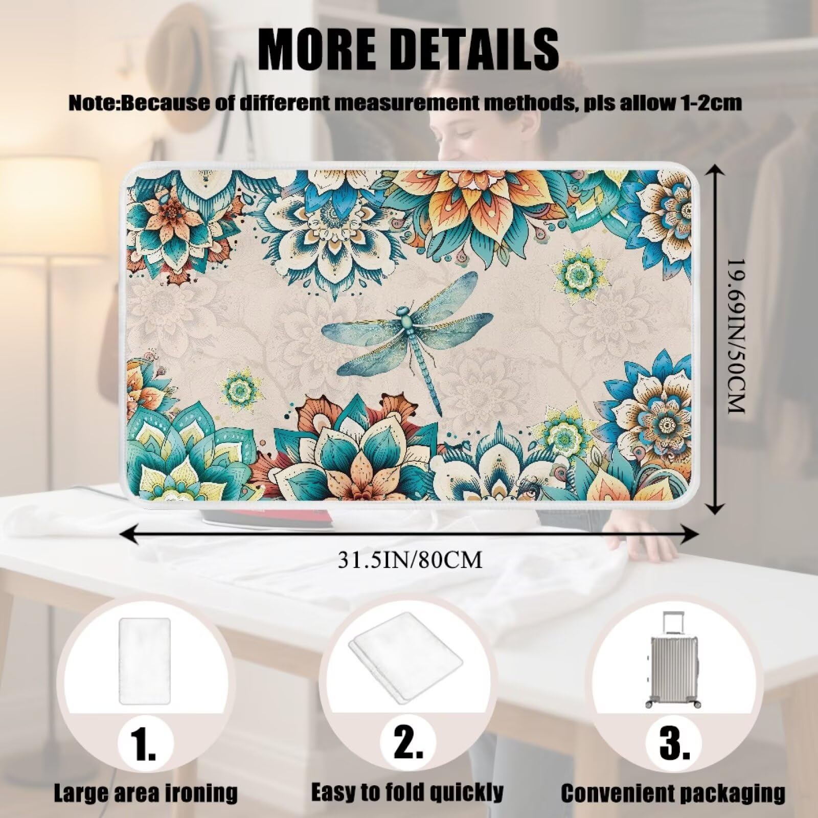 Bohemian Folding Ironing Mat Heat and Steam Resistant Dragonfly Ironing Pad 32 x 16 Inch Foldable Iron Mat for Table Top Washer