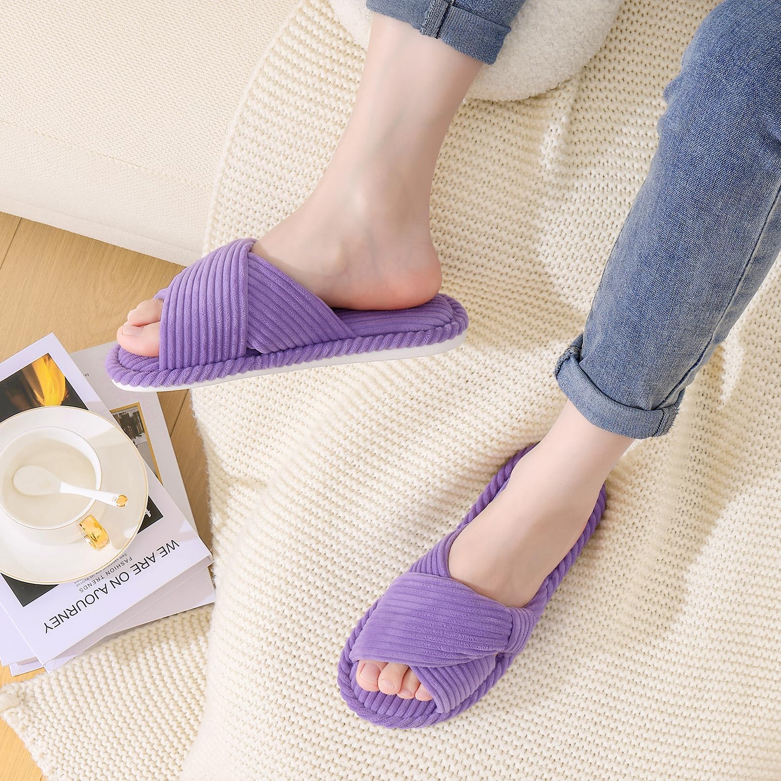 Summer House Slippers for Women Corduroy Open Toe Indoor Slippers