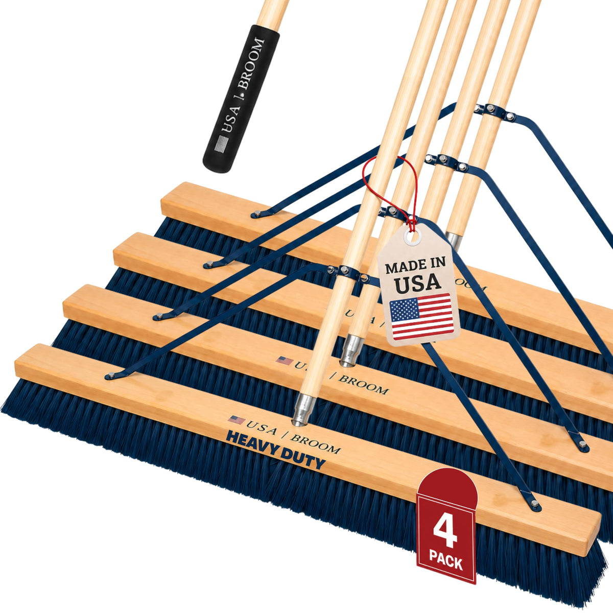 4-Pack - 36" Heavy Duty Outdoor Push Broom with 60" Handle. Ideal for Asphalt, Concrete & Heavy Debris. Durable American Made Steel Brackets-Stainless Steel Hardware. No Plastic. 100% USA Made (4 Count)