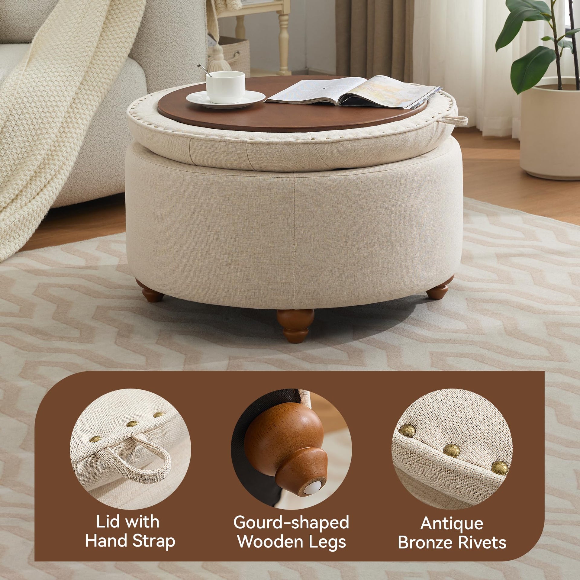 30Inch Round Storage Ottoman with Tray