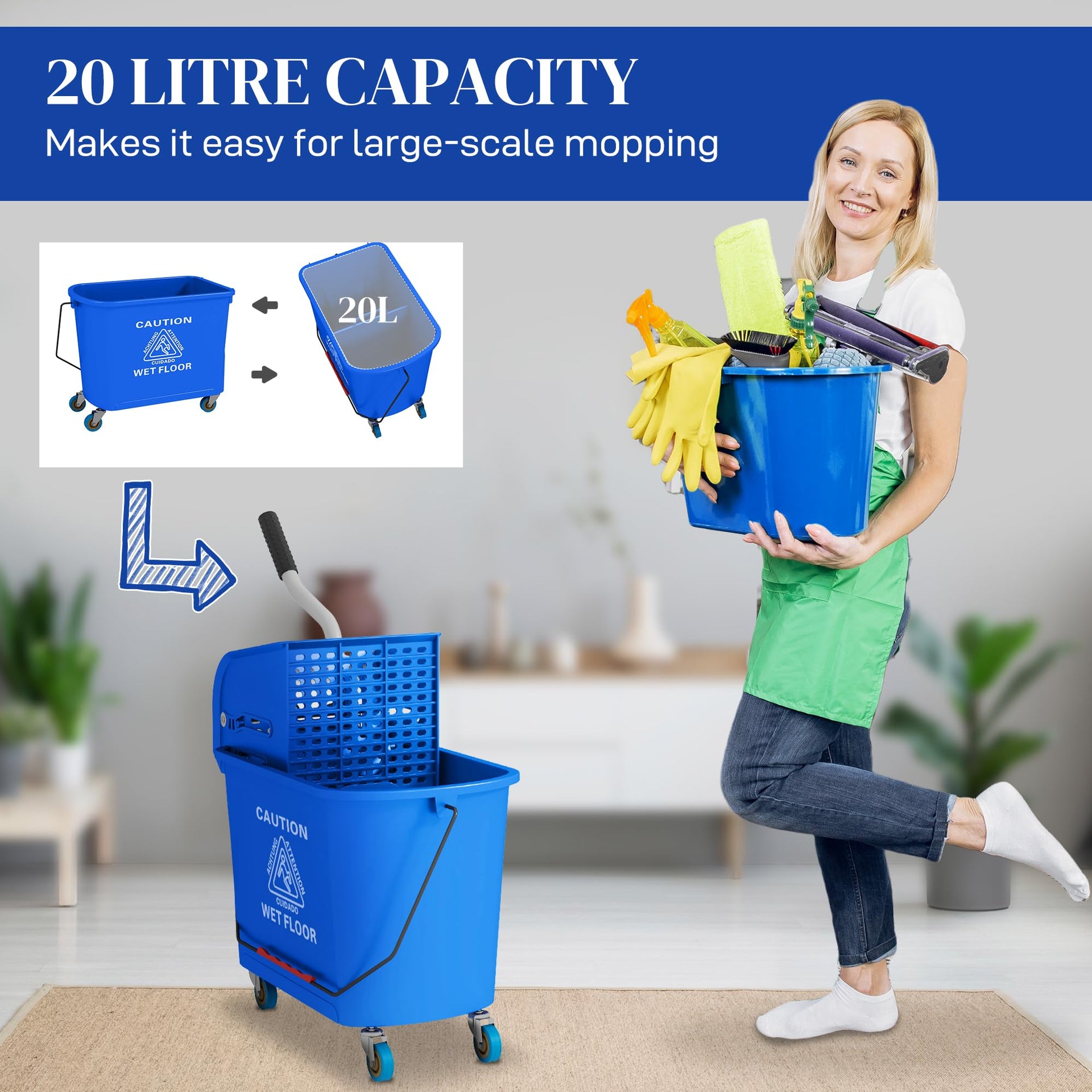 Commercial Mop Bucket Side Press Wringer Wheels 21 Quart Blue