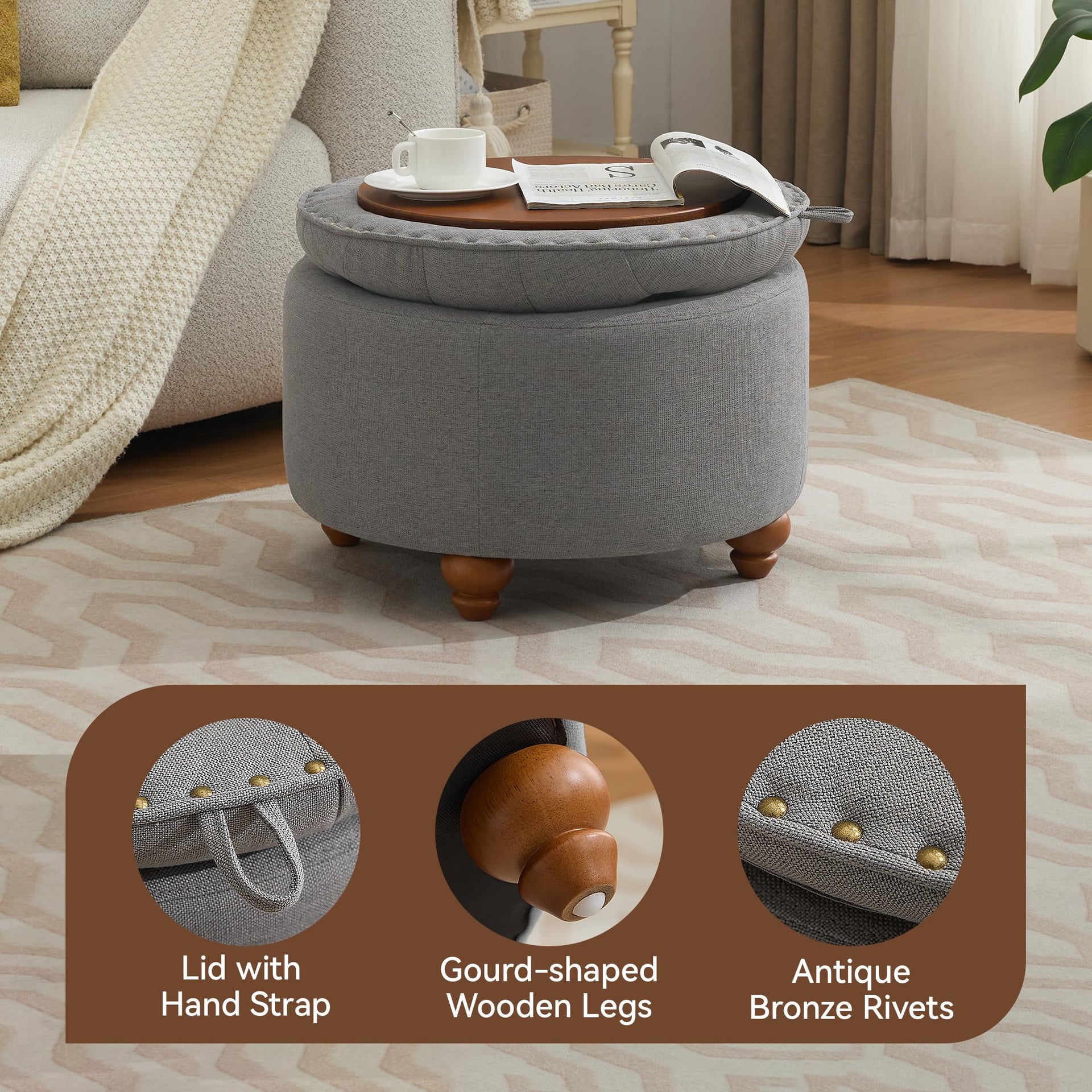 24Inch Round Storage Ottoman with Tray