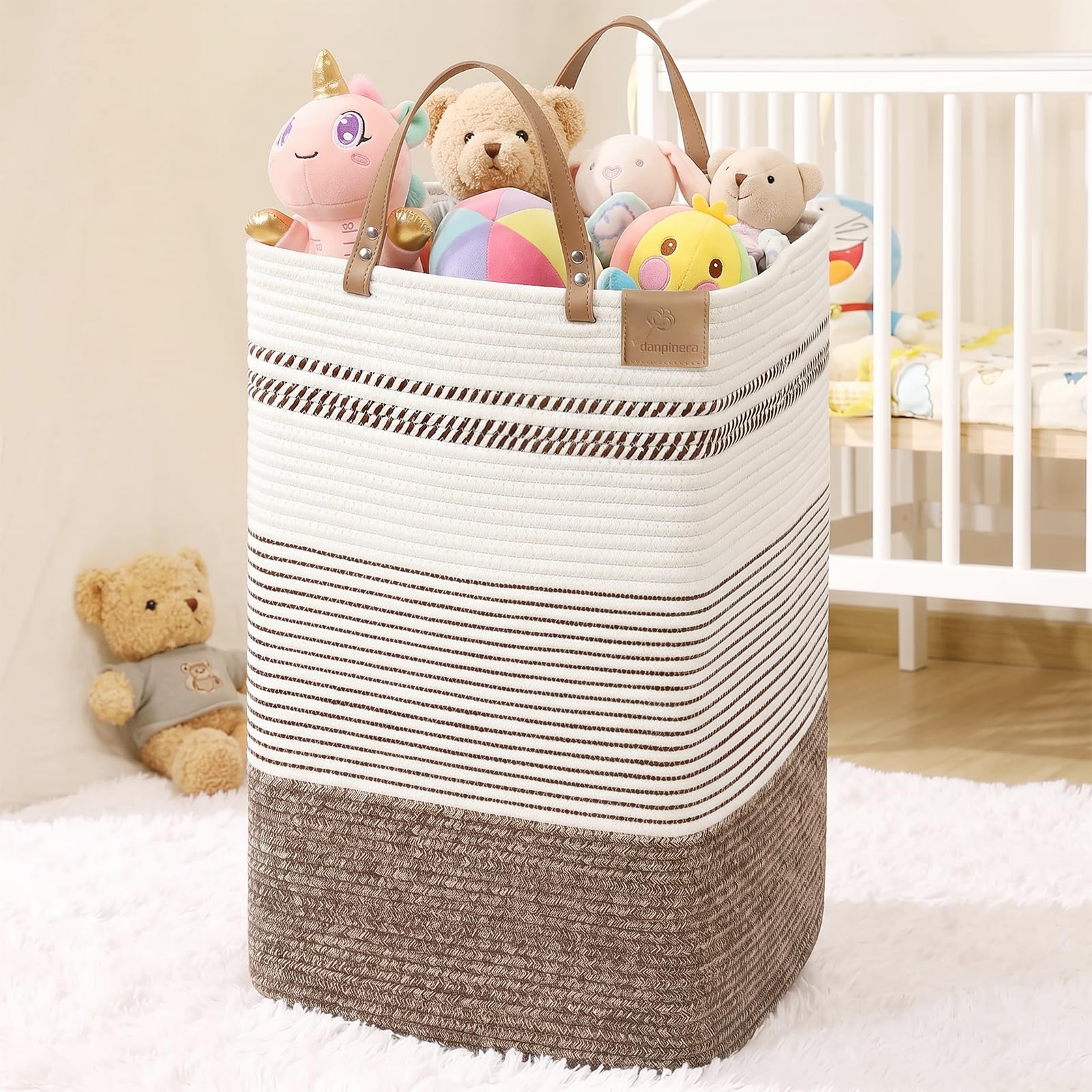 75L Woven Laundry Hamper with Long Leather Handles
