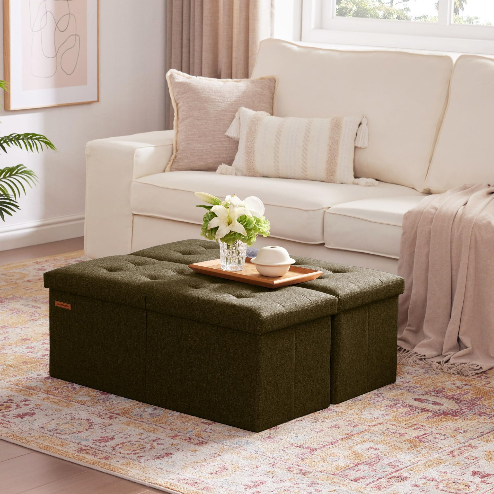 Ottoman with Storage Bench Folding Foot Rest Stool Linen Espresso