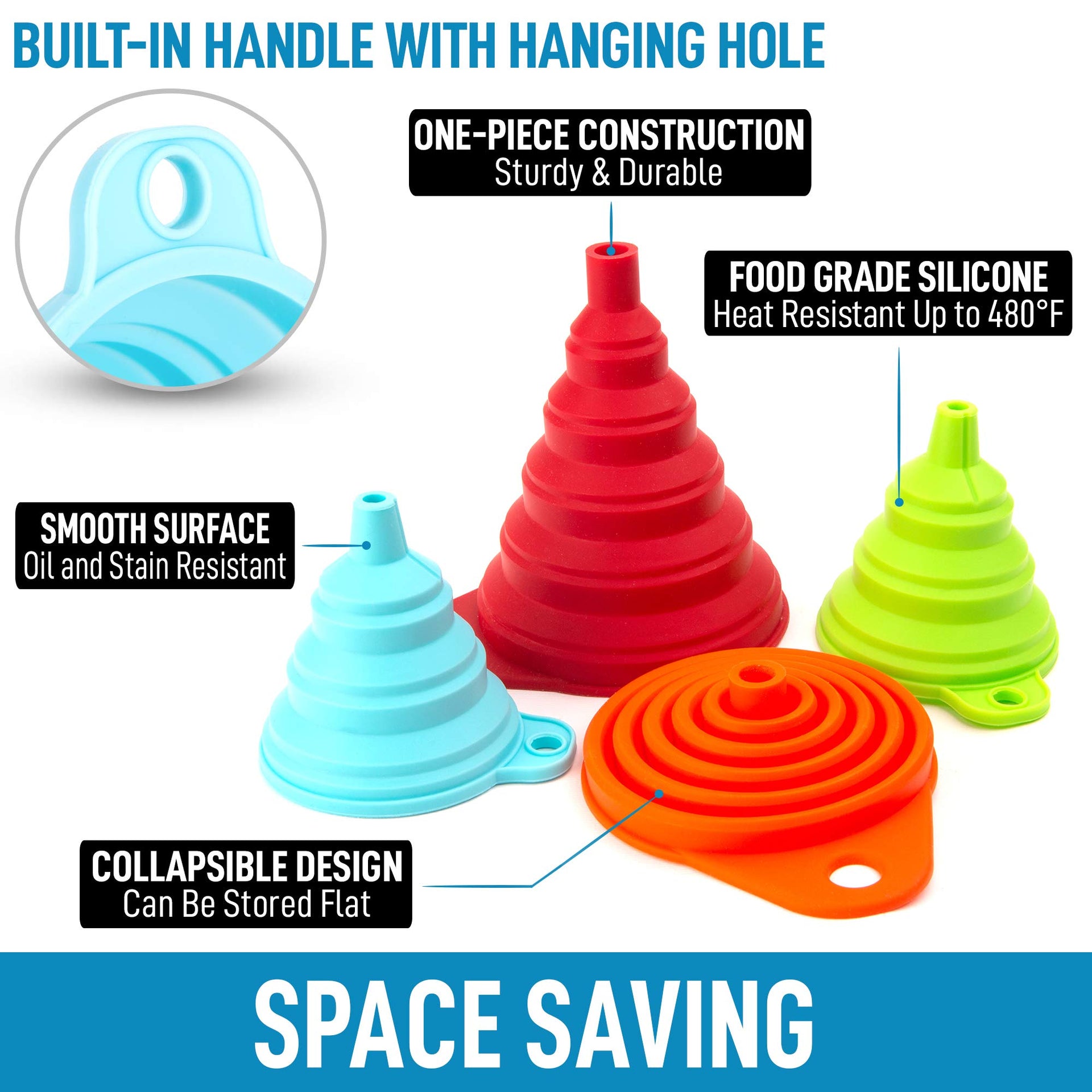 Silicone Collapsible Funnels for Kitchen (4 Count)