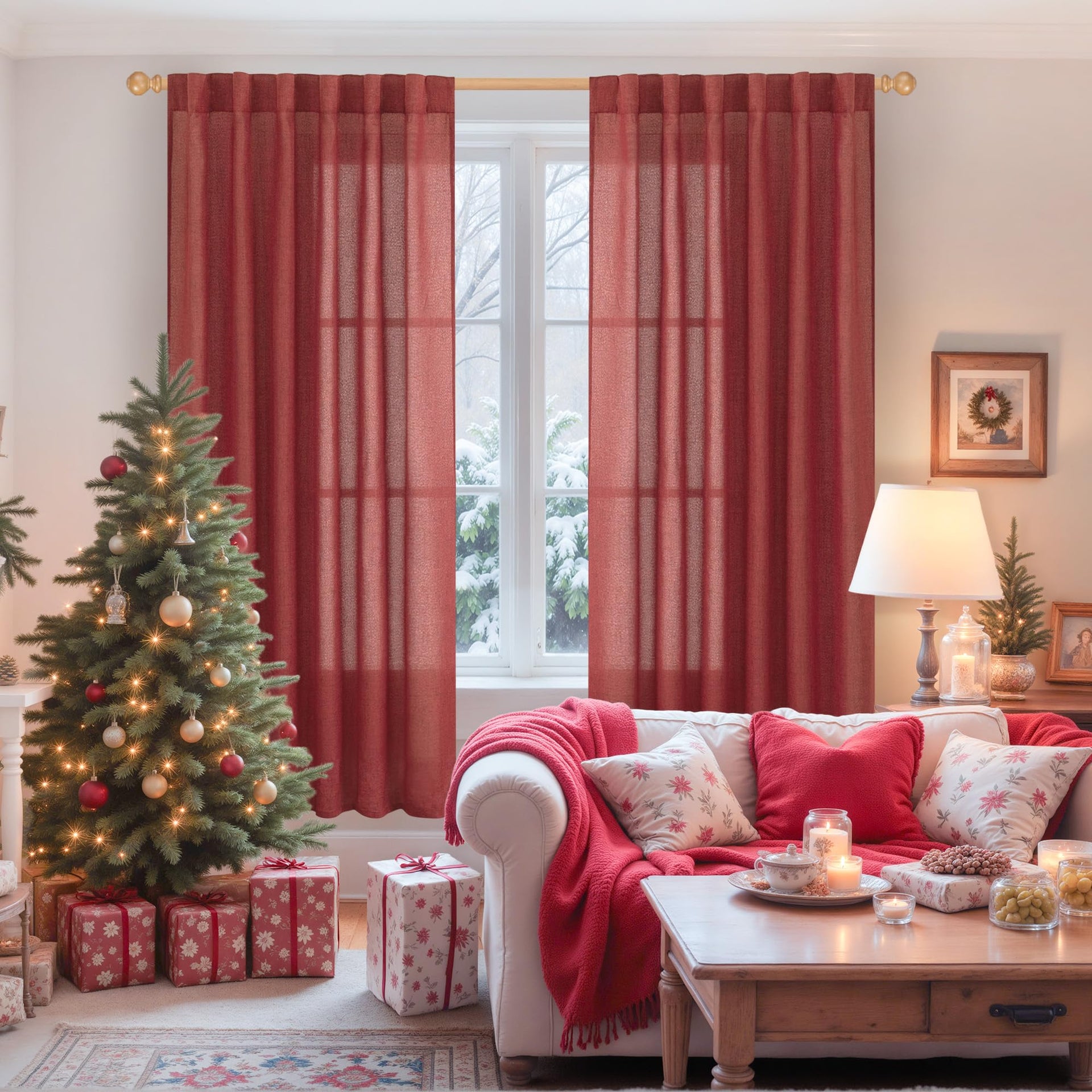Burgundy Red Linen Curtains for Living Room 72 Inches Long (2 Count)