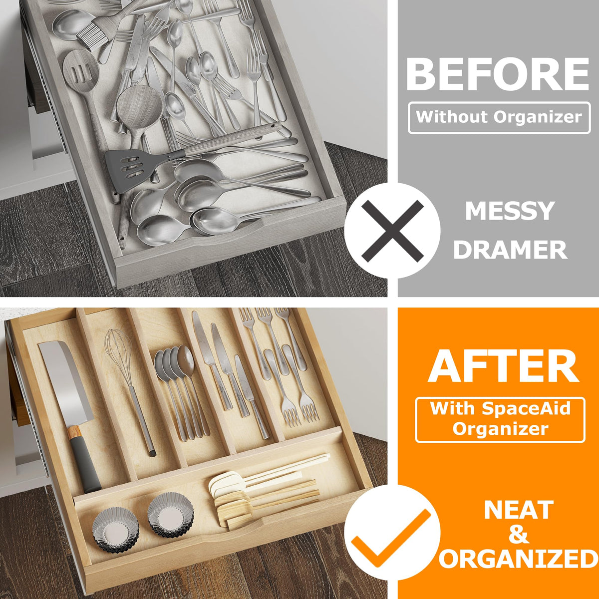 Solid Birch Wood Silverware Drawer Organizer