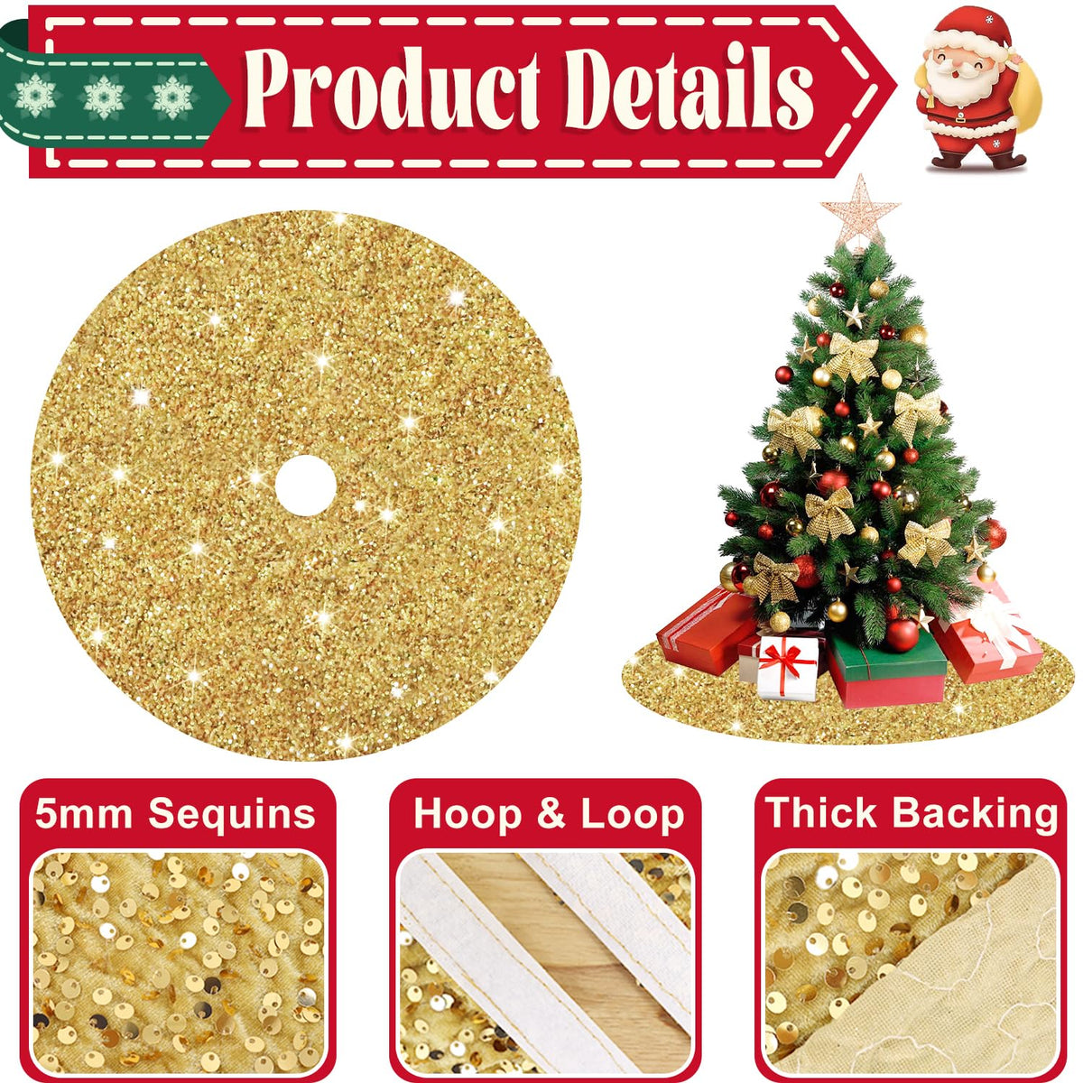 Christmas Tree Skirt Gold Tree Skirt 36 Inch Velvet Tree Skirt Sequin Xmas Tree Skirts Sparkle Tree Skirts Glittery Christmas Tree Ring Collar for Christmas Winter Holiday Home Ornaments