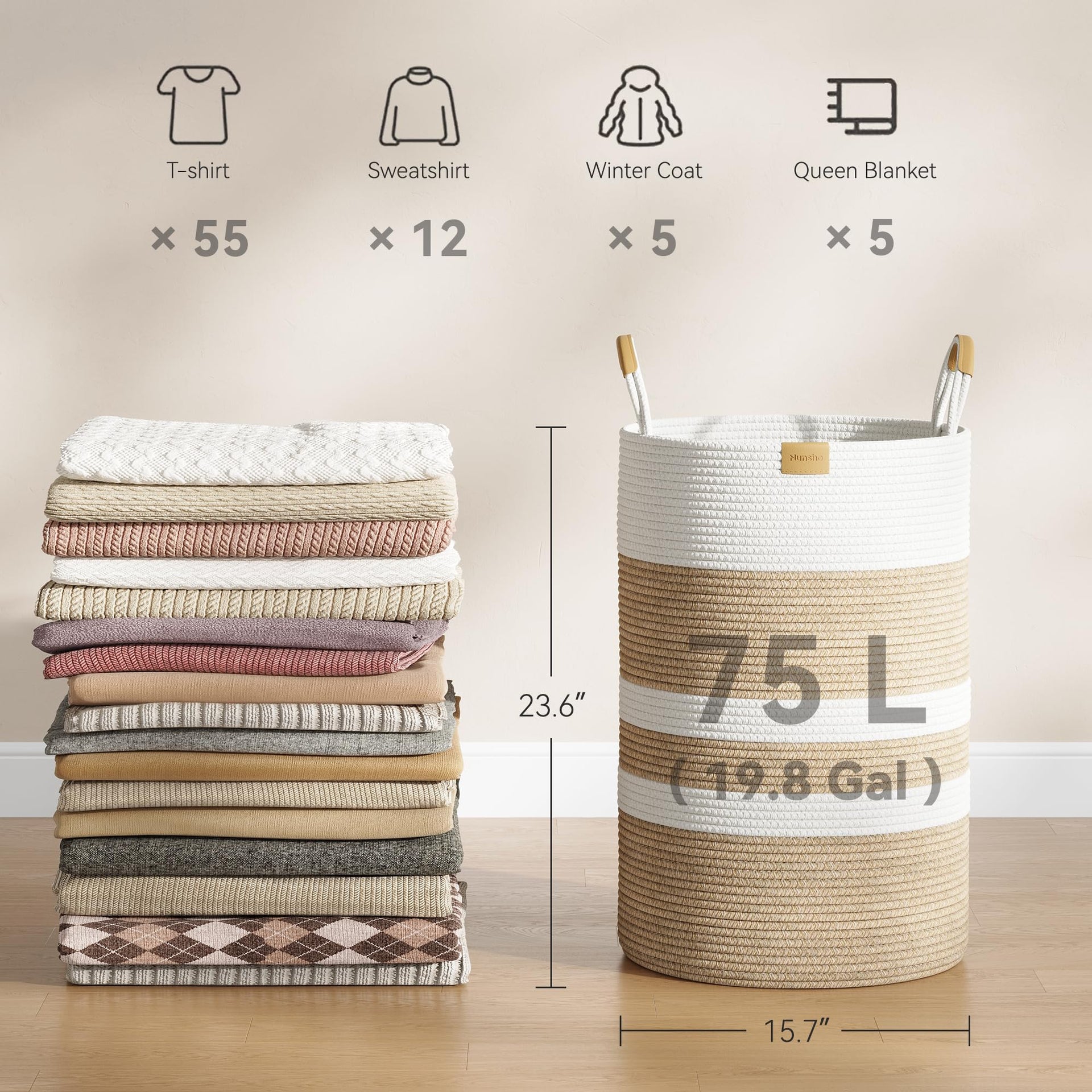 75L Striped Laundry Hamper with Leather Handles