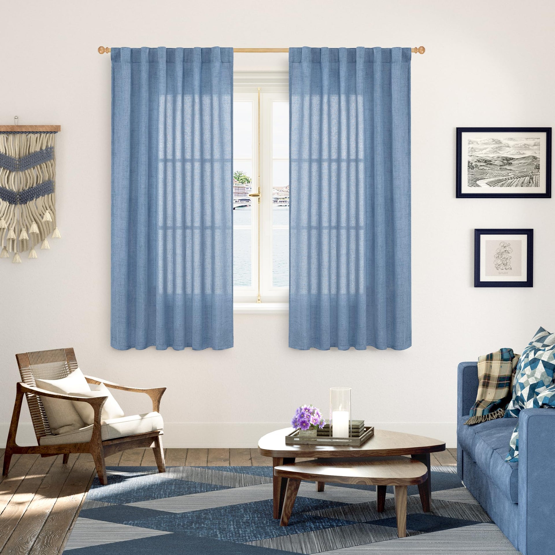 Denim Blue Linen Curtains 63 Inch Length for Bedroom (2 Count)