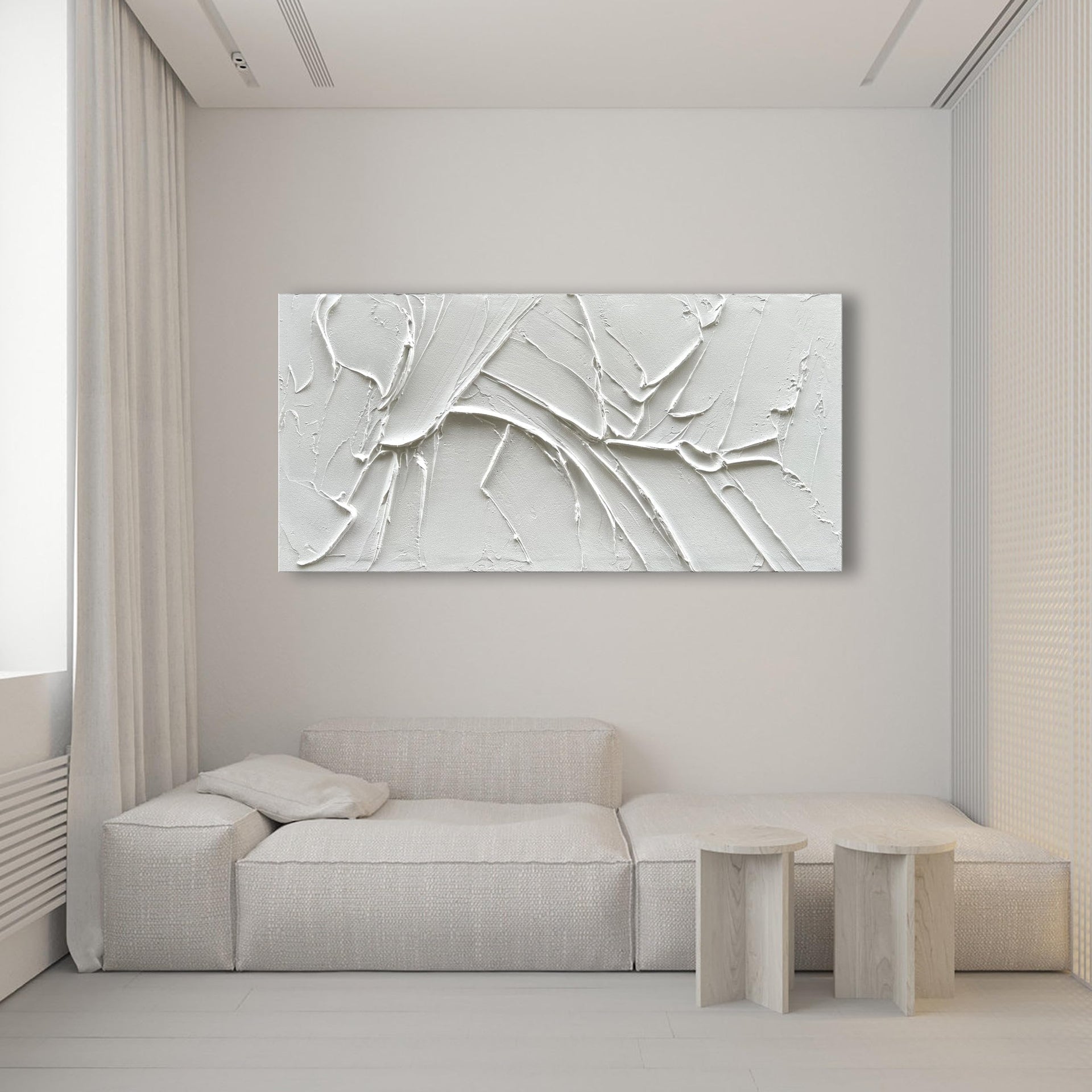 Hand Painted Thick Texture White Minimalist Oil Painting 30x60 Inch Large Contemporary Art Oil Painting