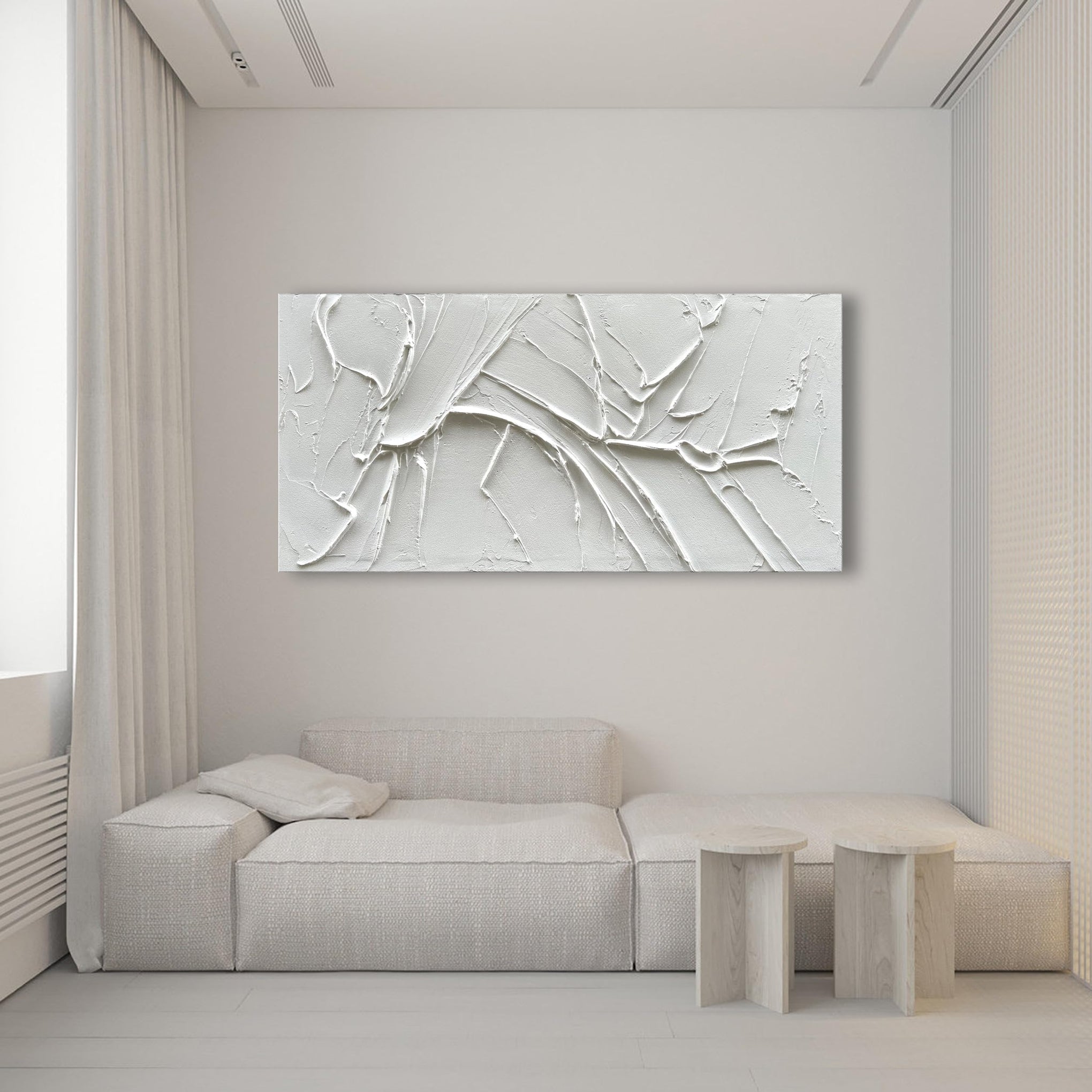 Hand Painted Thick Texture White Minimalist Oil Painting 30x60 Inch Large Contemporary Art Oil Painting