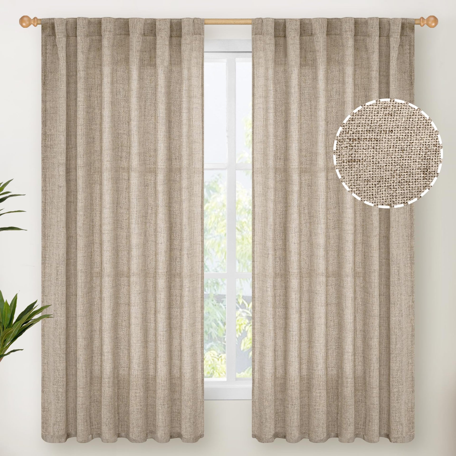 Dark Oatmeal Linen Curtains 63 Inches Long for Living Room Window (2 Count)