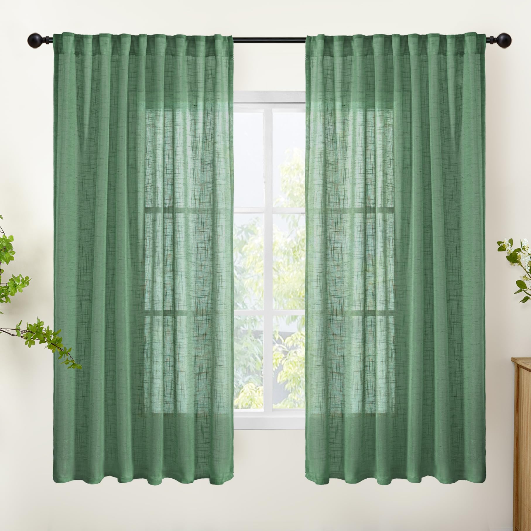 Green Linen Semi Sheer Curtains 63 Inch Length (2 Count)