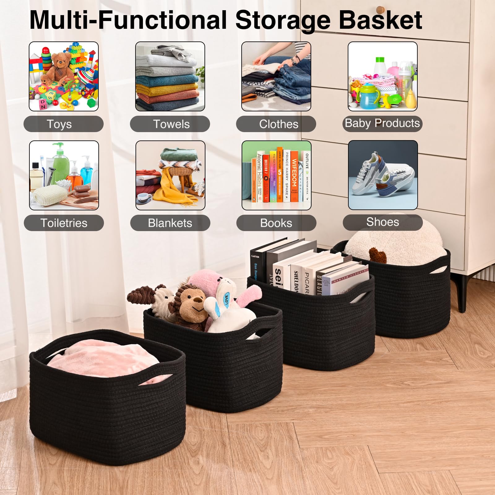 Black Storage Baskets for Shelves (4 Count)