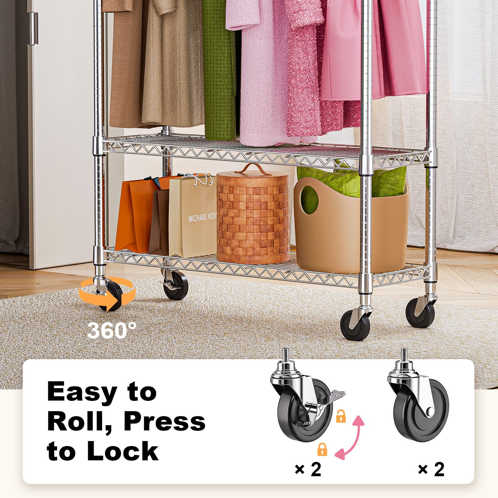 Heavy Duty Rolling Garment Rack 3 Tiers Adjustable Wire Shelving Clothes Rack with 1 Rods and Side Hooks