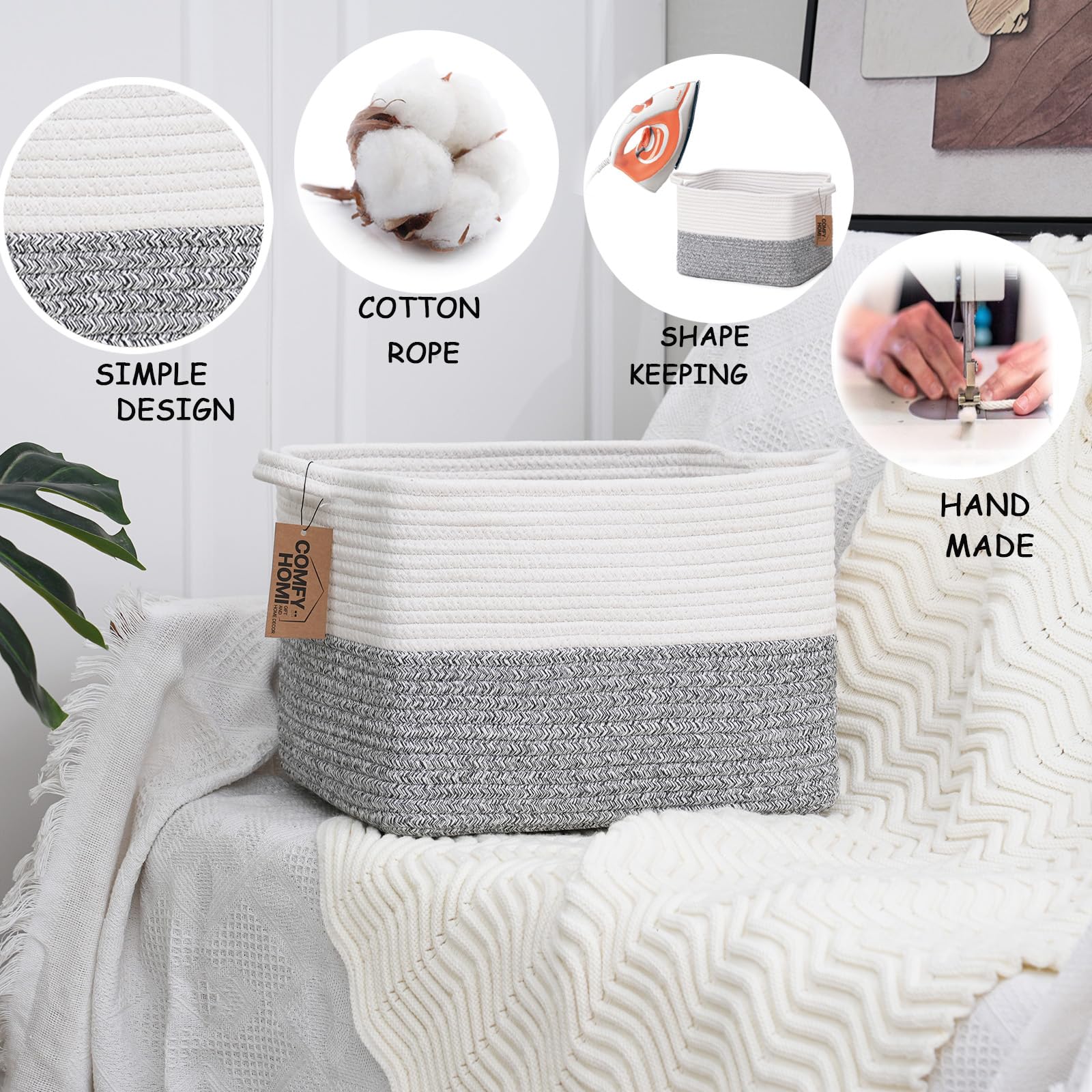 3 Pack Cotton Rope Woven Rectangular Basket with Handles for Organizing (3 Count)
