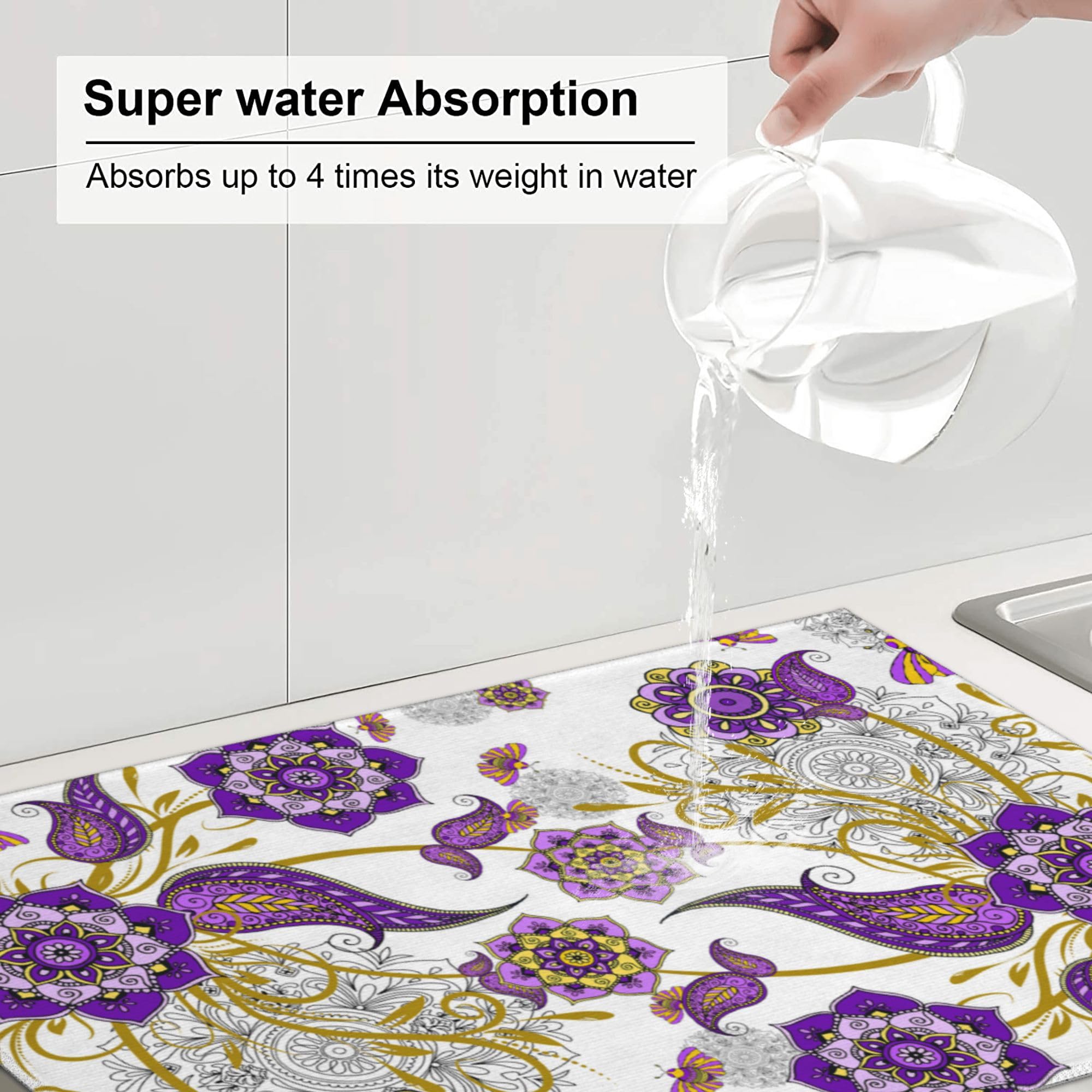 Purple Flower Kitchen Drying Mat Boho Floral Dish Drainer Mat