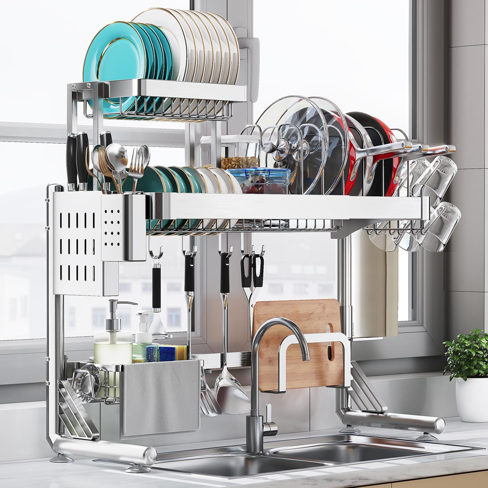 Upgrade 3 Tier Over Sink Dish Drying Rack Adjustable Width