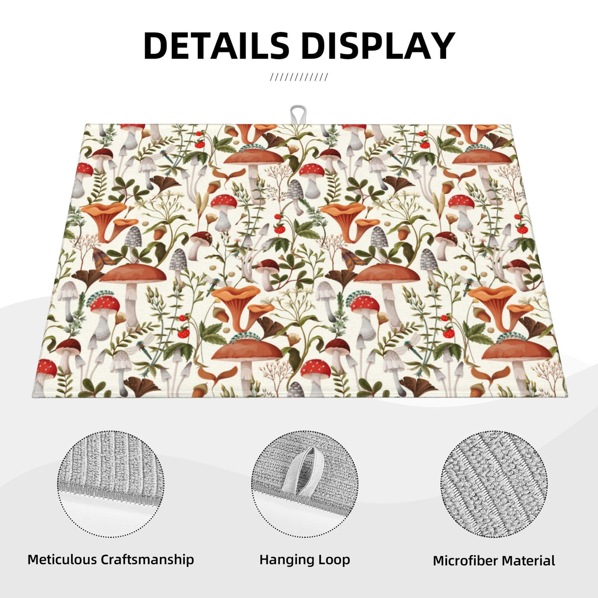 Boho Mushroom Decor Dish Drying Mat for Kitchen Counter 18"x24"