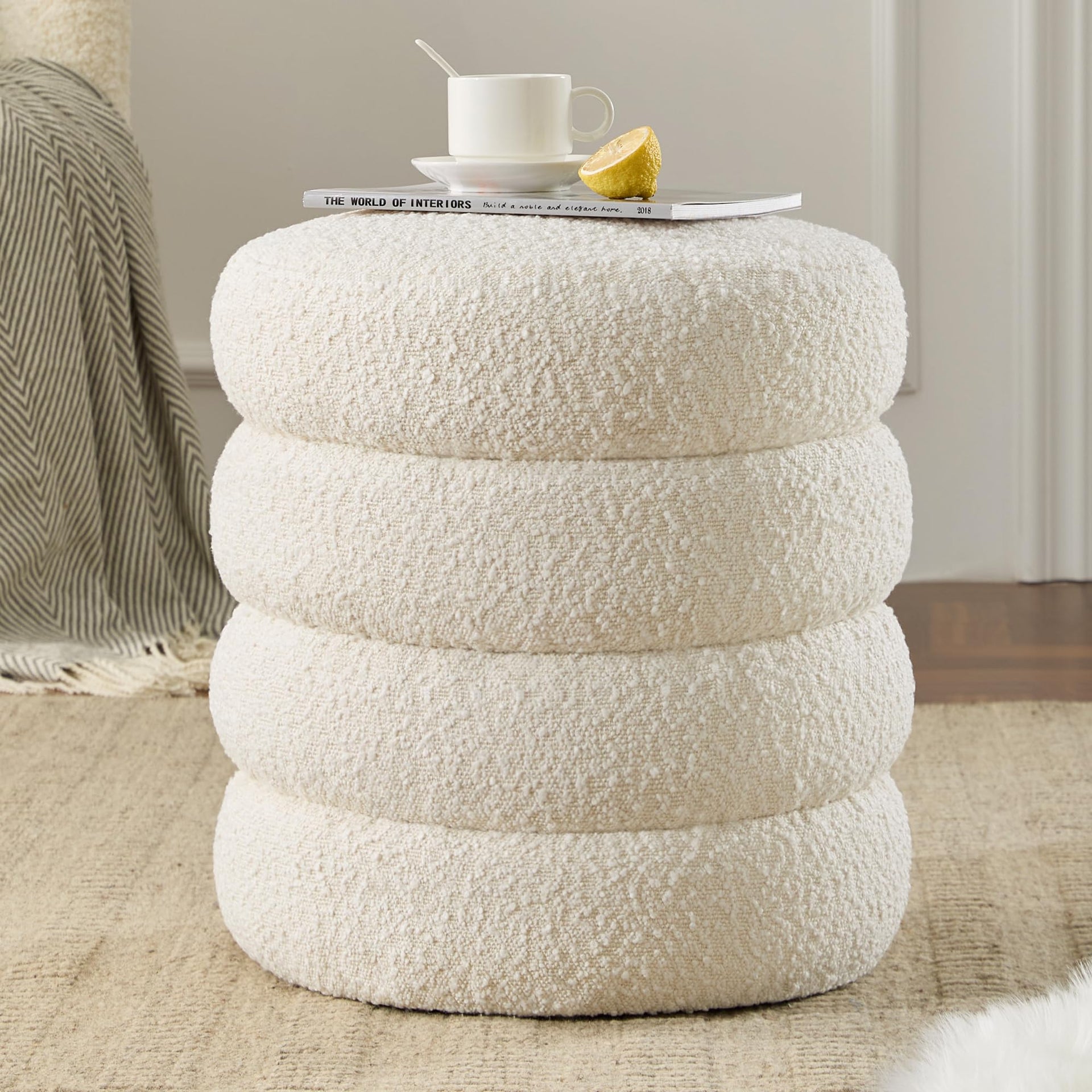 Round Ottoman with Storage Boucle Ottoman