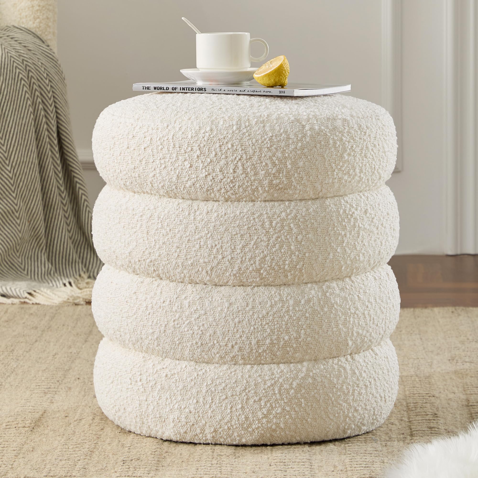Round Ottoman with Storage Boucle Ottoman